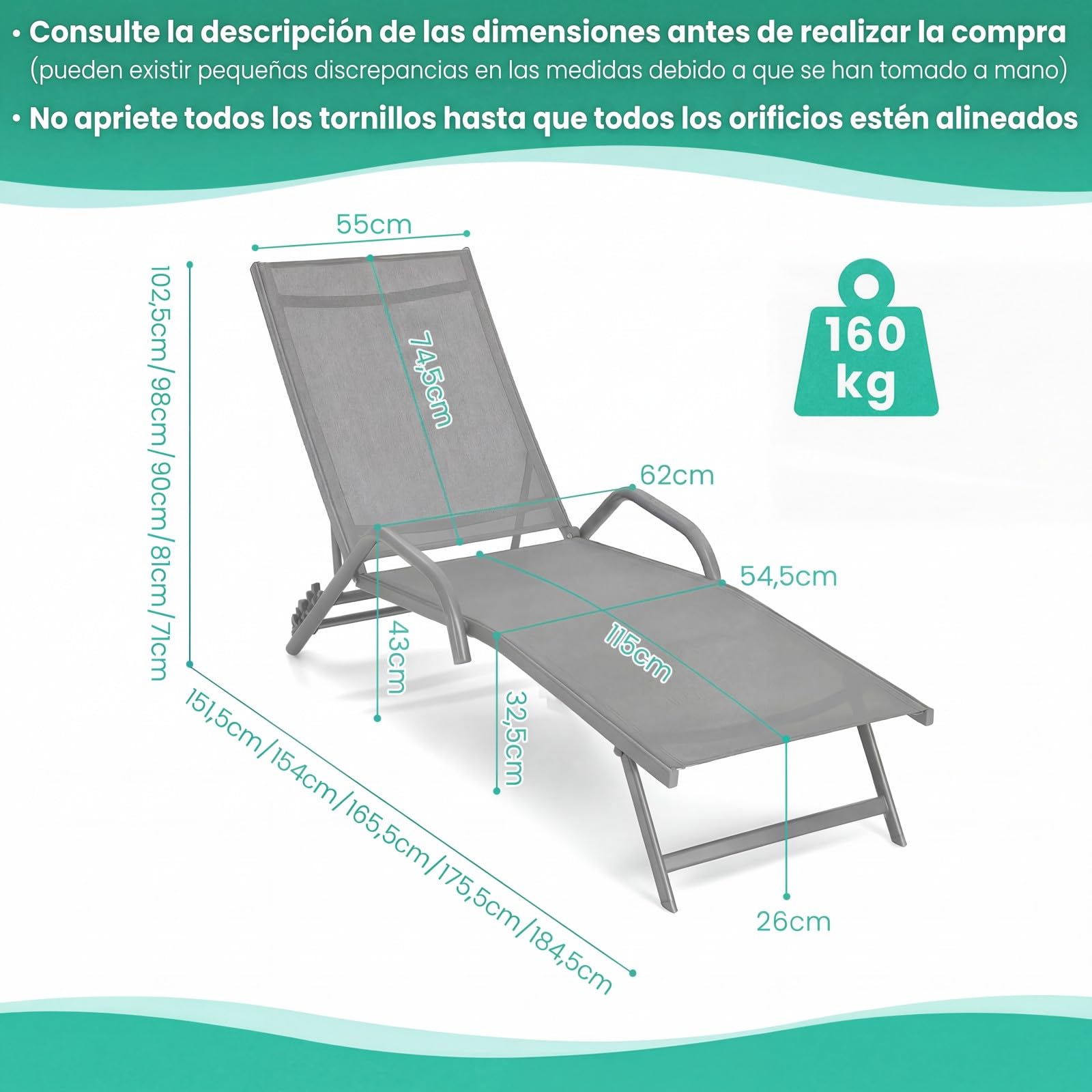 COSTWAY 2 Tumbonas Jardin Exterior, Reclinable en 5 Posiciones, Tela Transpirable, Tumbonas Liquidación Playa Jardin Piscina Exterior, 184,5 x 62 x 102,5 cm, Carga 160kg (Gris)