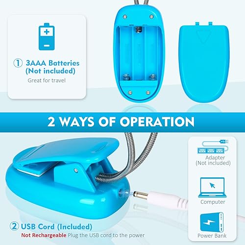 Miniatura 3 de TEECOO Luz de soporte de música, luces LED de libro con clip, funciona con pilas USB y AAA, lámpara de lectura en la cama, 4 niveles de brillo, Azul