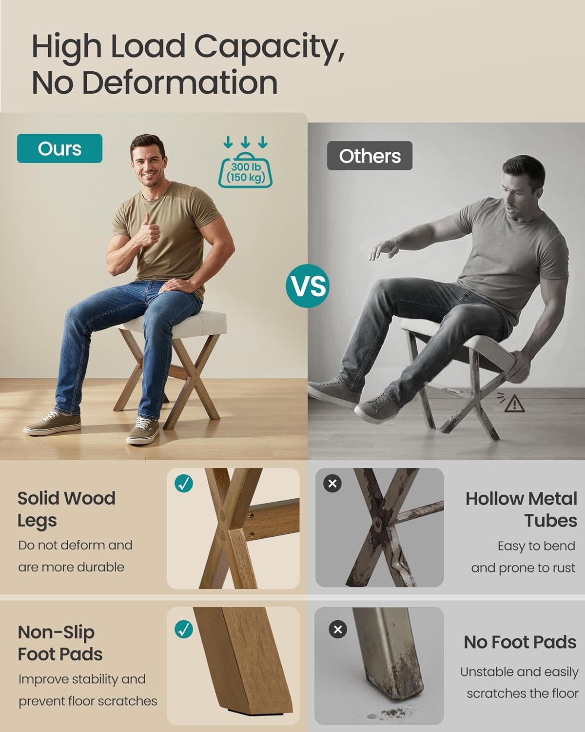 SONGMICS Makeup Stool, Padded Vanity Stool, Foot Rest, Solid Wood X Legs, for Bedroom, Closet, Entryway, 12.6 x 16.5 x 18.1 Inches, Summer Sand and Brown ULSF006LF01