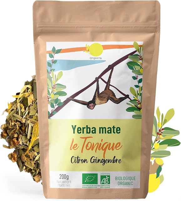 ORIGEENS ORGANIC YERBA MATE TEA WITH LEMON AND GINGER 200g - Le Tonique | Organic Unroasted Yerba Mate, Leaves, Without Stalks or Dust | Energy and Detox Drink