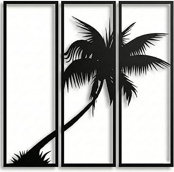 DEKADRON 3 Panels Metal Palm Tree Wall Art, Metal Tree Wall Art, Tree Sign, Metal Wall Decor, Interior Decoration, Wall Hangings, 3 Pieces 40" W x 39" H / 102x100 cm