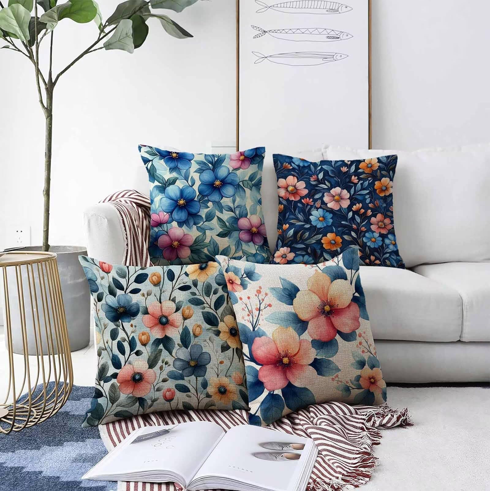 Coussin Canape Fleur Housse Coussin 65x65 cm Lot de 4, Rose Coussin Exterieur Impermeable Carrée Lin Taie Oreiller Motifs Impression Recto Verso Conception pour Décoration Maison Salon PjY6383 0-3