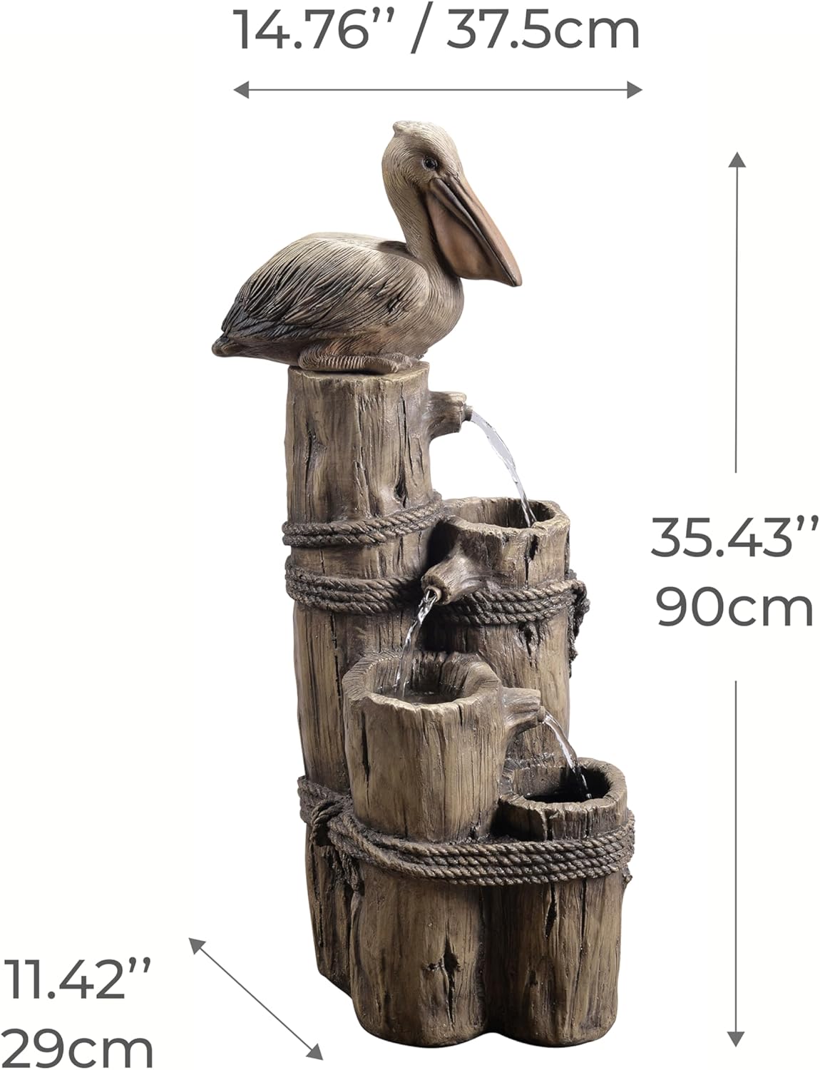 Teamson Home Nautical 3 Tiered Floor Waterfall Fountain with Pelican and Wooden Post, Pump for Outdoor Patio Garden Backyard Decking, 35 Inch Height, Brown