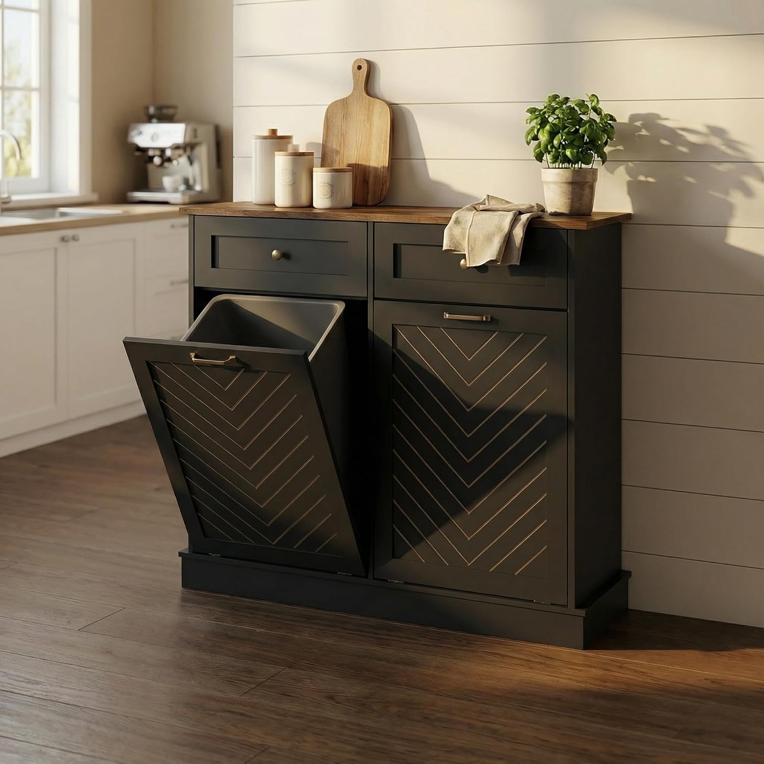 YOURLITE Tilt Out Trash Can Cabinet in kitchen with one door open