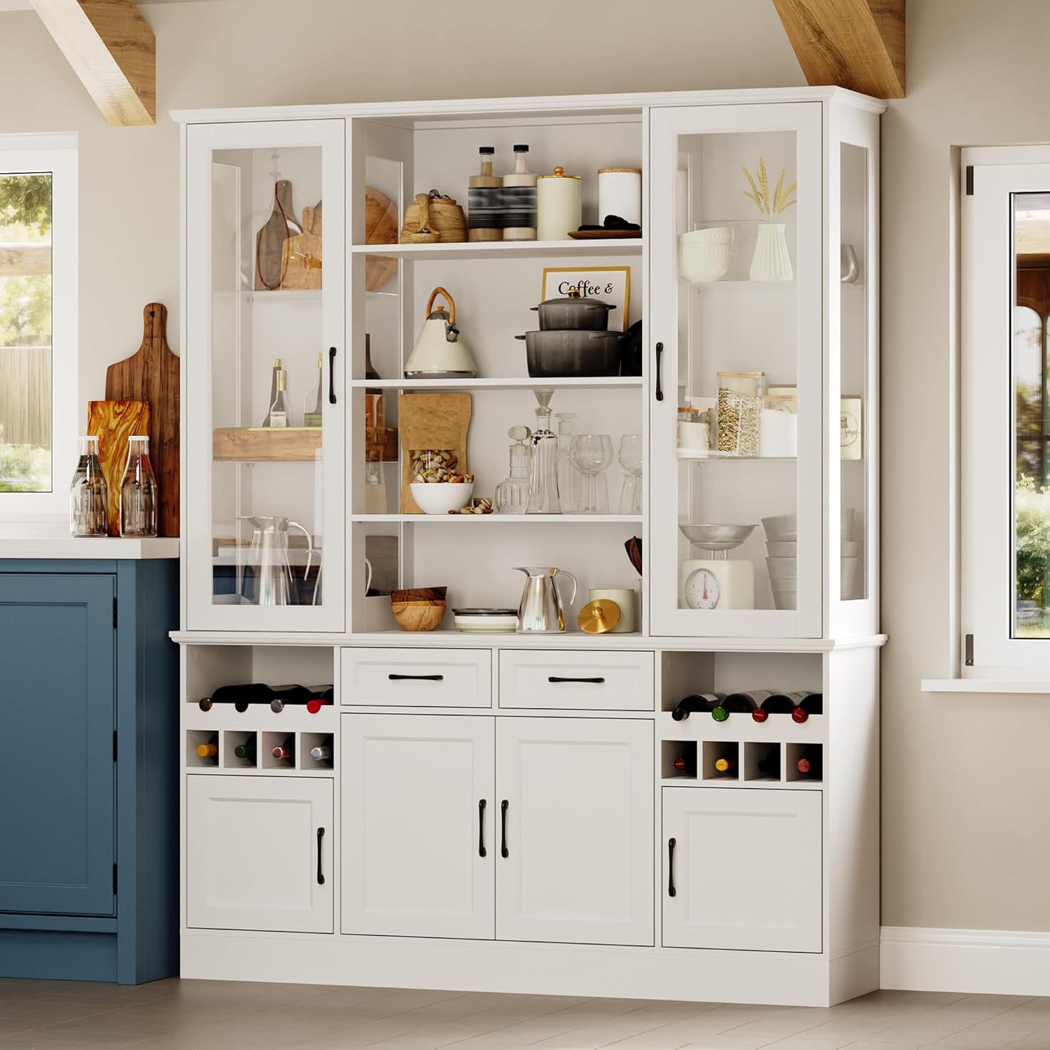 Homsee 78.7" Tall Wine Cabinet with Storage, Liquor Cabinet with Glass Doors & Wine Rack, Modern Kitchen Pantry Storage Cabinets, Wooden Freestanding Cupboard w/Drawers & Adjustable Shelves, White