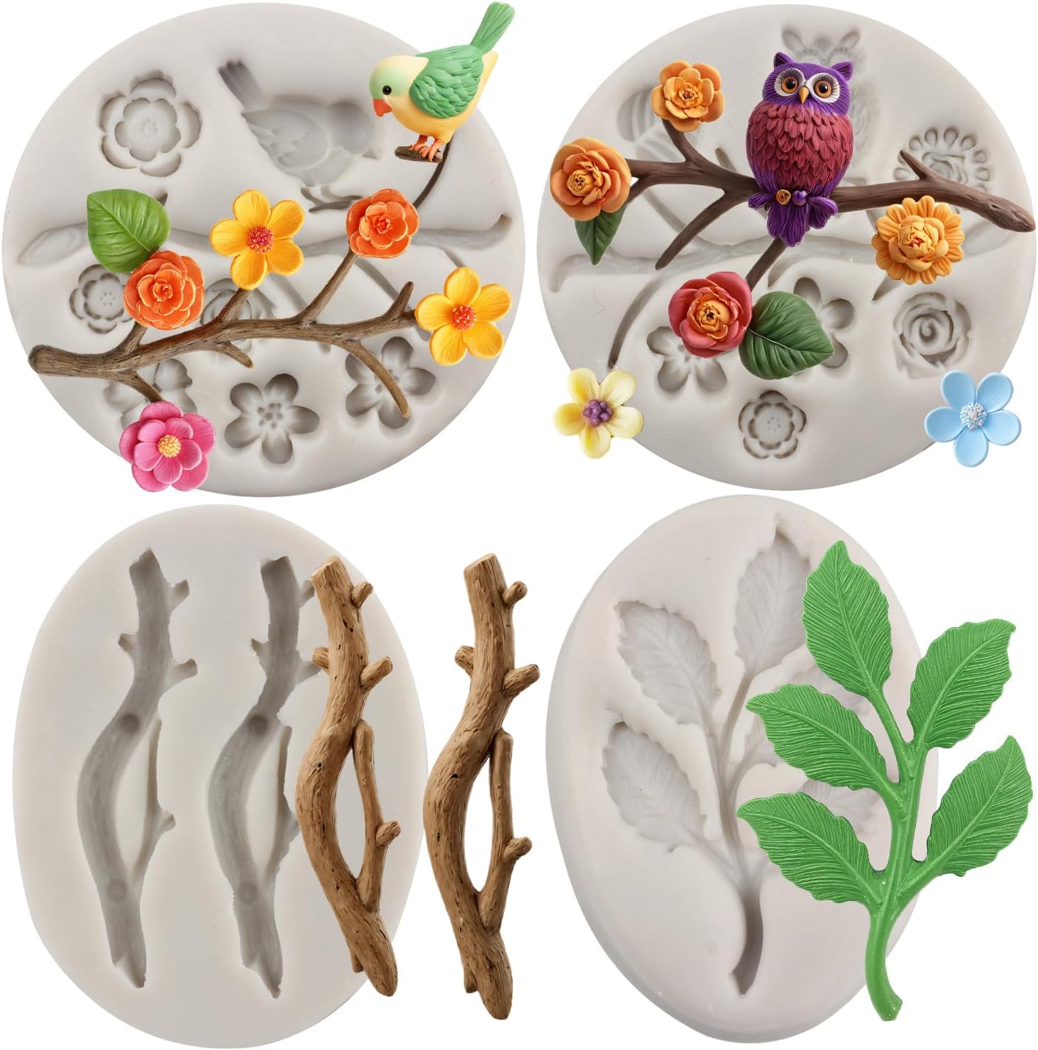 Owls Bird Silicone Mould Tree Branch Leaves Fondant Mould for Flower Cake Decorating Cupcake Topper Sugar Candy Chocolate Polymer Clay Gum Paste Set of 4