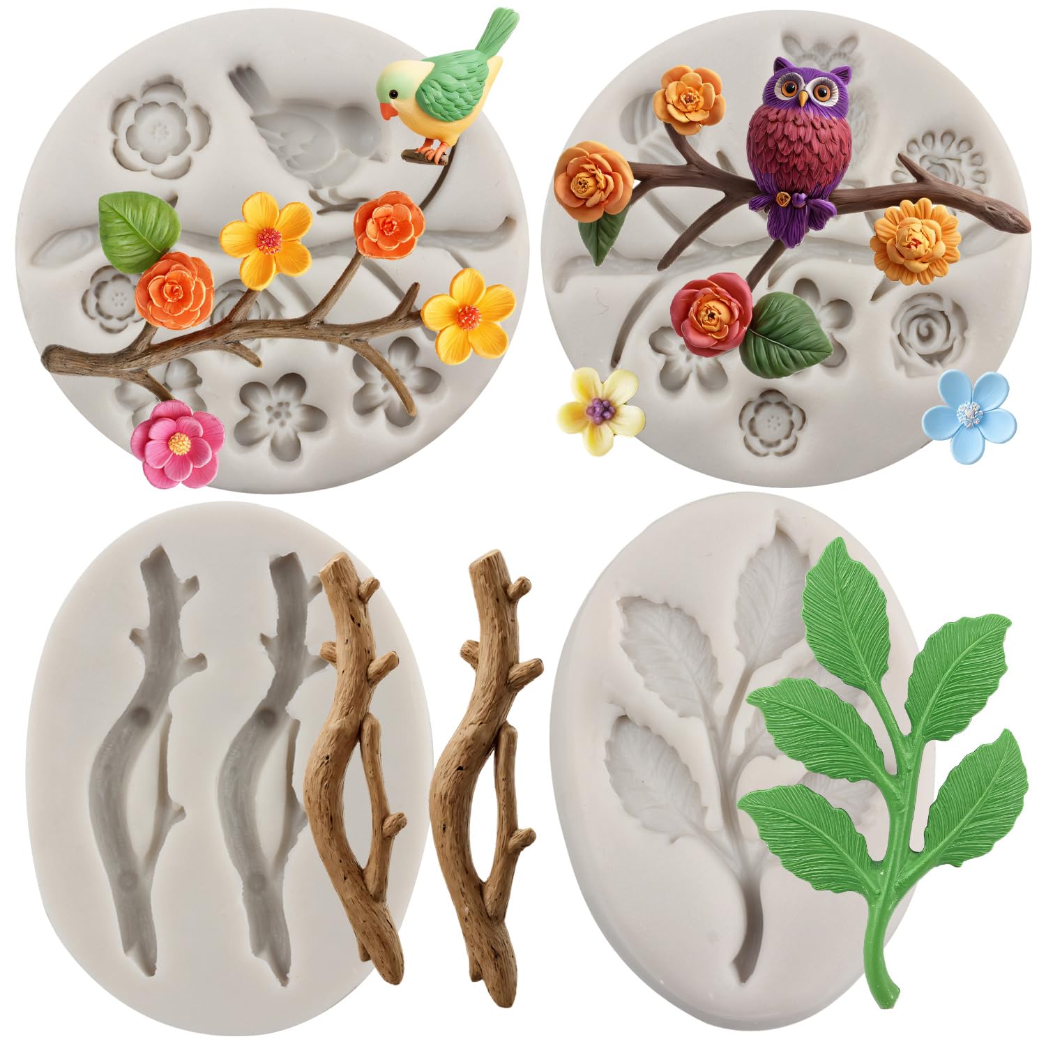 MYPRACS Owls Bird Silicone Mould Tree Branch Leaves Fondant Mould for Flower Cake Decorating Cupcake Topper Sugar Candy Chocolate Polymer Clay Gum Paste Set of 4