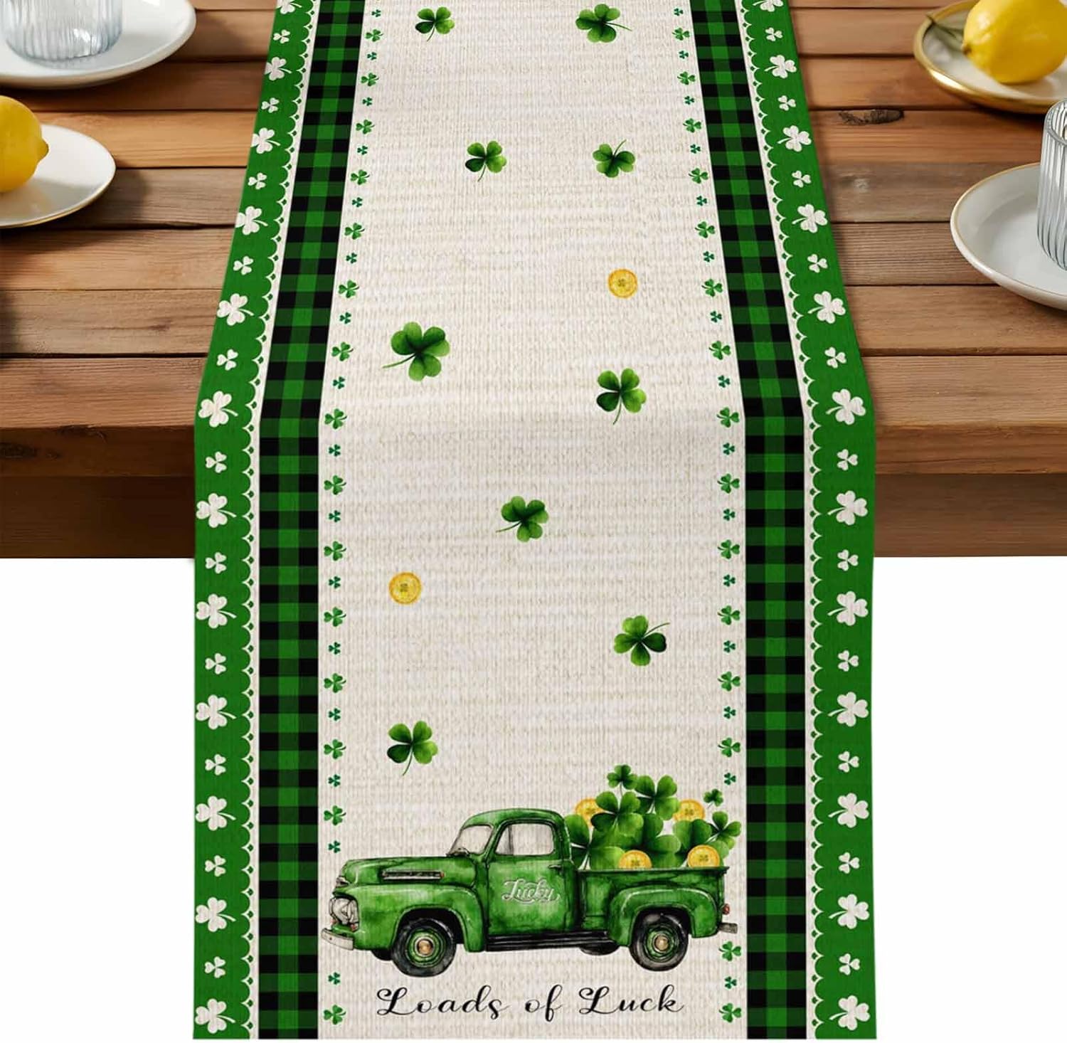 LooPoP St Patricks Day Truck Table Runners 13x120 Inches Long Washable Green Shamrock Clover Buffalo Plaid Table Runner for Round Table Kitchen Coffee Dining End Table Living Room Use