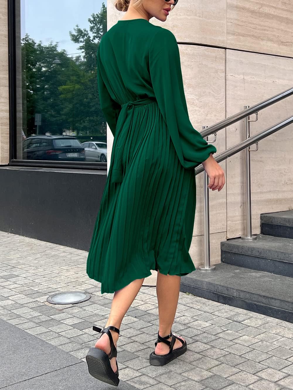 PRETTYGARDEN Women's Spring Midi Dress Long Puff Sleeve Wrap V Neck Flowy Ruffle Pleated Casual Fall Dresses - Image 5