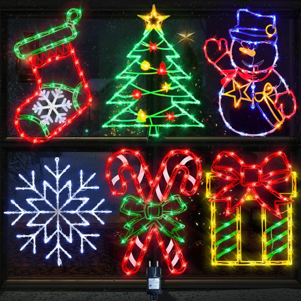 Set di 6 decorazioni natalizie luminose per finestra con presa EU