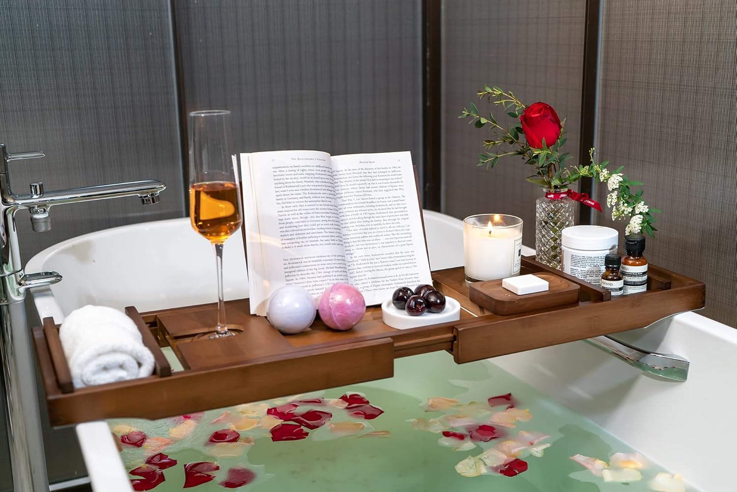 Headley Tools Bathtub Tray, Bamboo Bathtub Caddy with Expandable Handles Wine Glass Phone Holder Book Stand for Bathroom Luxury Bathtub Accessories Unique Gift Idea (Brown)
