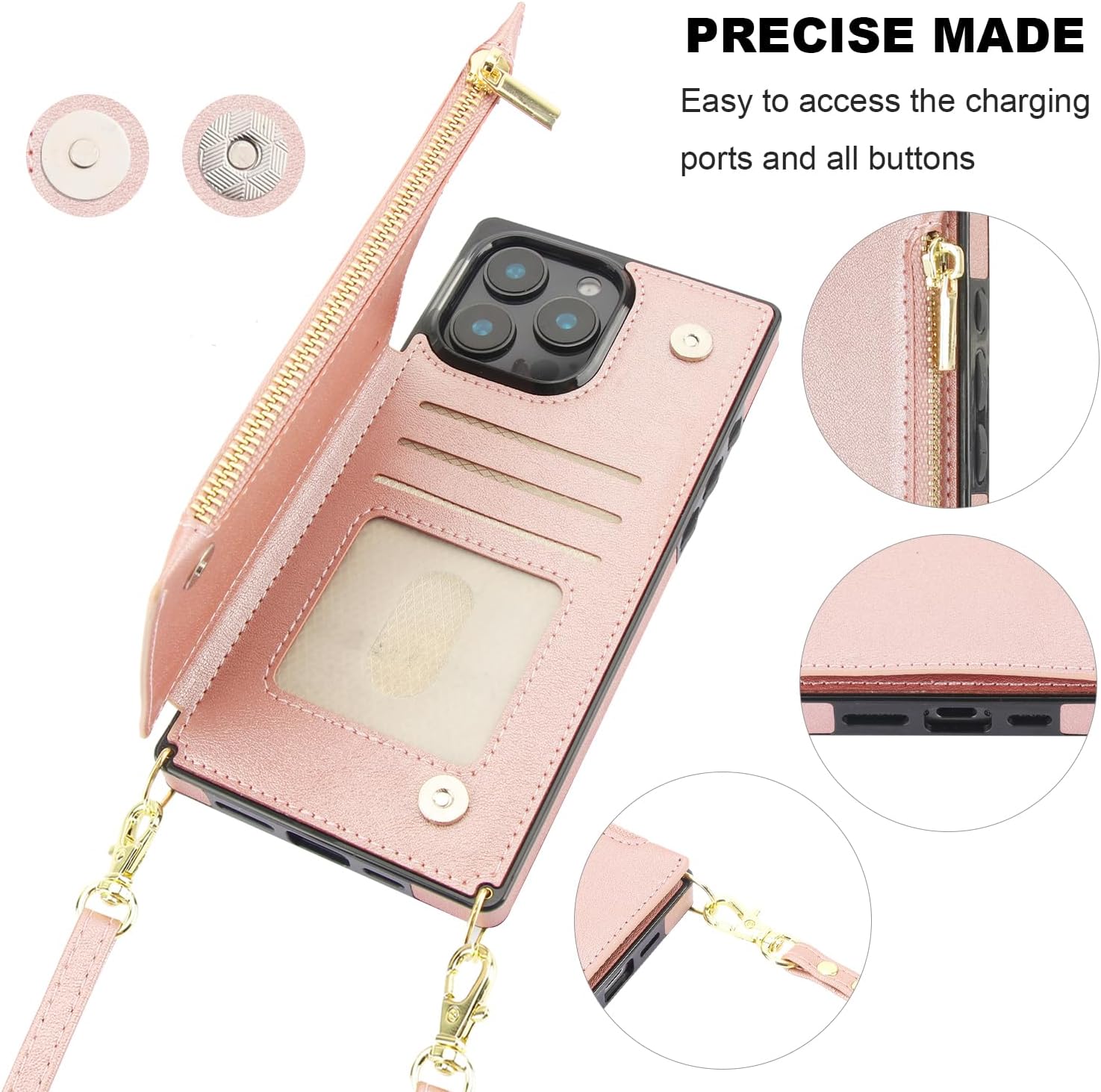 Bocasal Crossbody Wallet Case for iPhone 16 Pro Max with RFID Blocking Card Slot Holder, Magnetic Flip Folio Purse Case, PU Leather Zipper Handbag with Detachable Lanyard Strap 6.9 Inch 5G (Rose Gold)