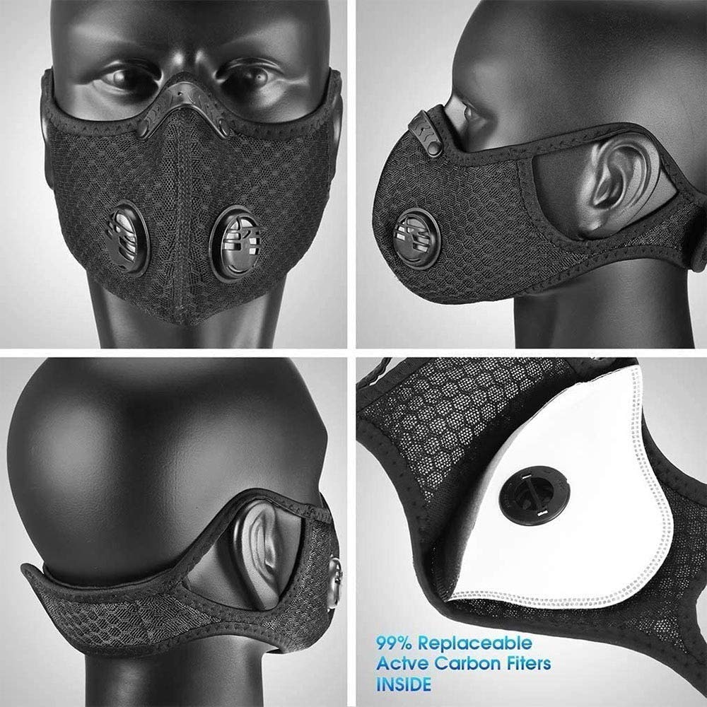 Masque de cyclisme réutilisable avec filtre à charbon actif, noir