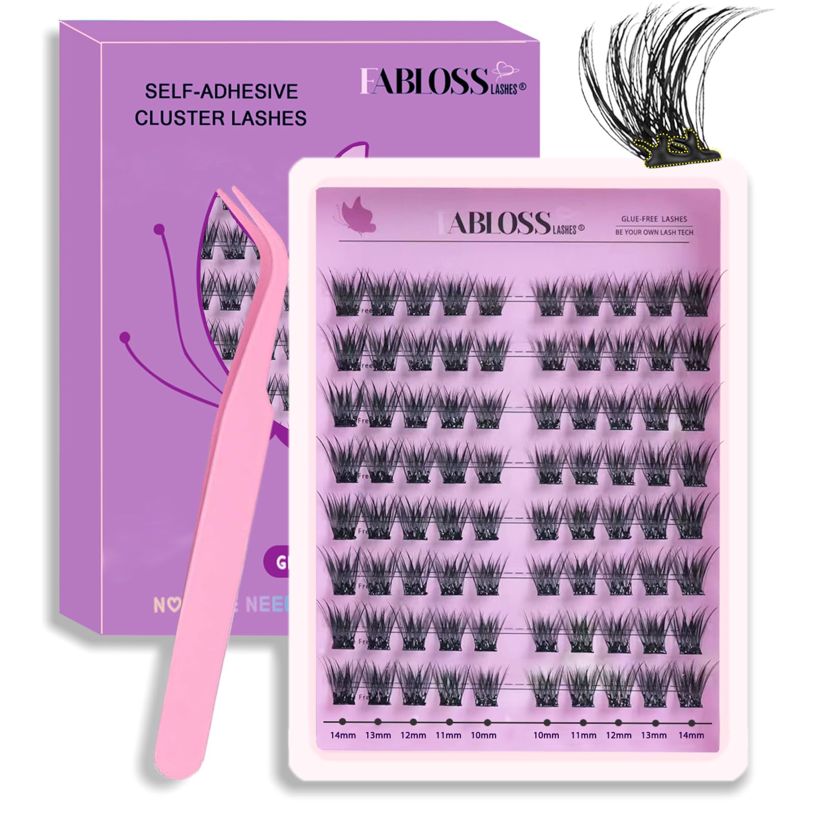 Fabloss Self Adhesive EyeLashes Clusters 80Pcs 10-14mm No Glue Lashes Clusters Natural Look Press on Lashes Self Adhesive Lashes Glueless False Eyelash Kit with Tweezers