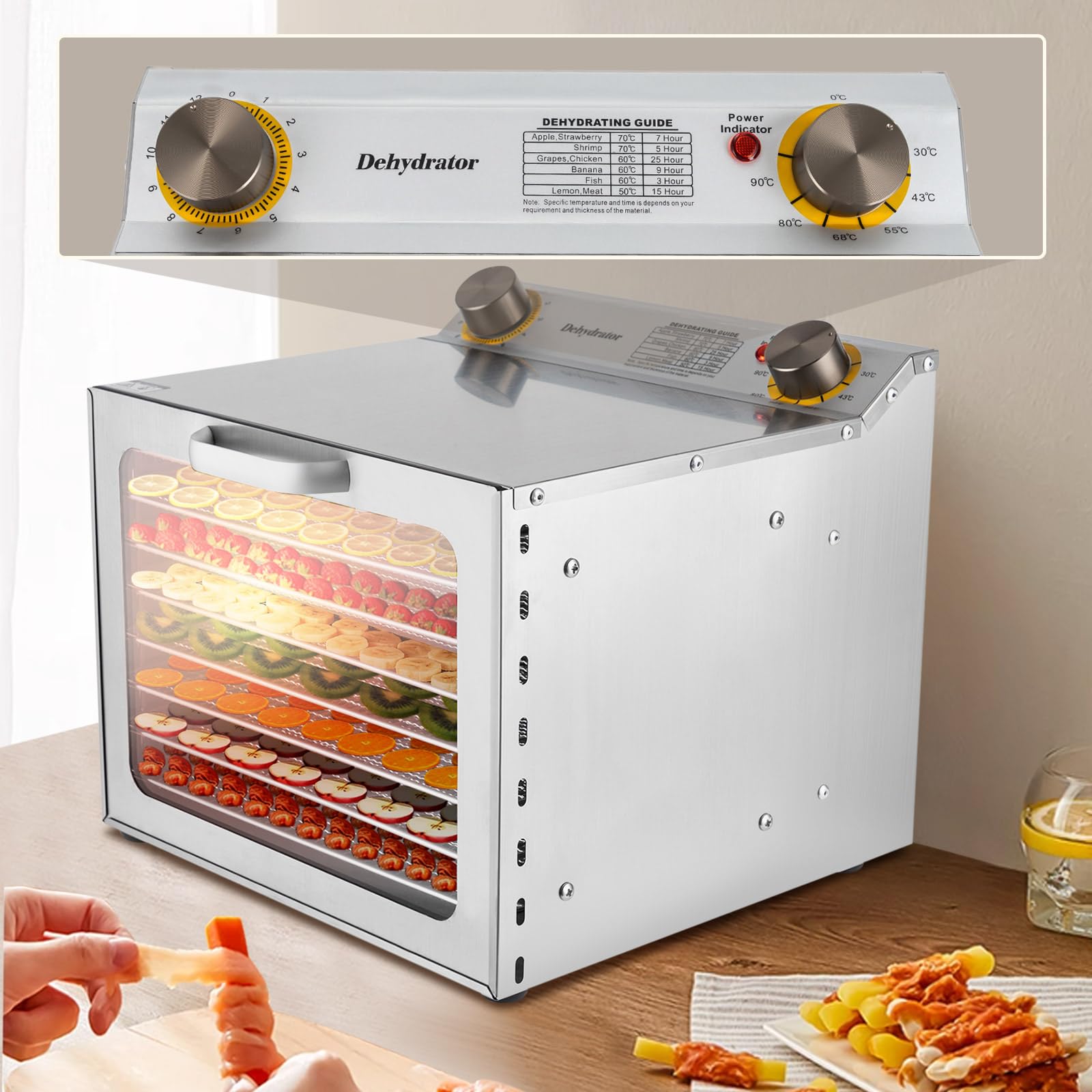 Deshidratador de acero inoxidable con 8 rejillas de acero inoxidable, deshidratador de alimentos de 30 – 90 °C, temporizador de 12 horas, deshidratador, deshidratador, deshidratador
