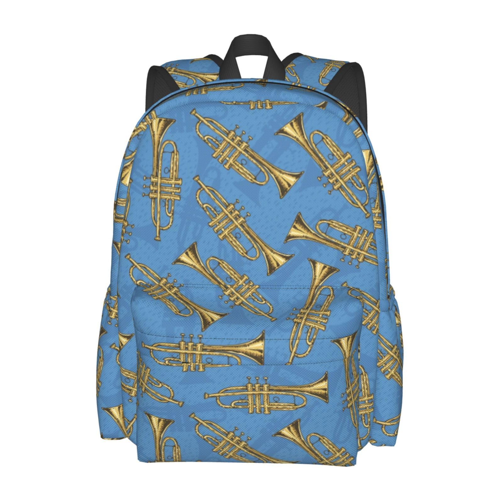 Rqzwdq Golden Trombones Of Music Notes Pattern Backpack Adjustable Casual Daypack Rucksack Travel Bags Bookbag For Women Men Adult 17 Inches