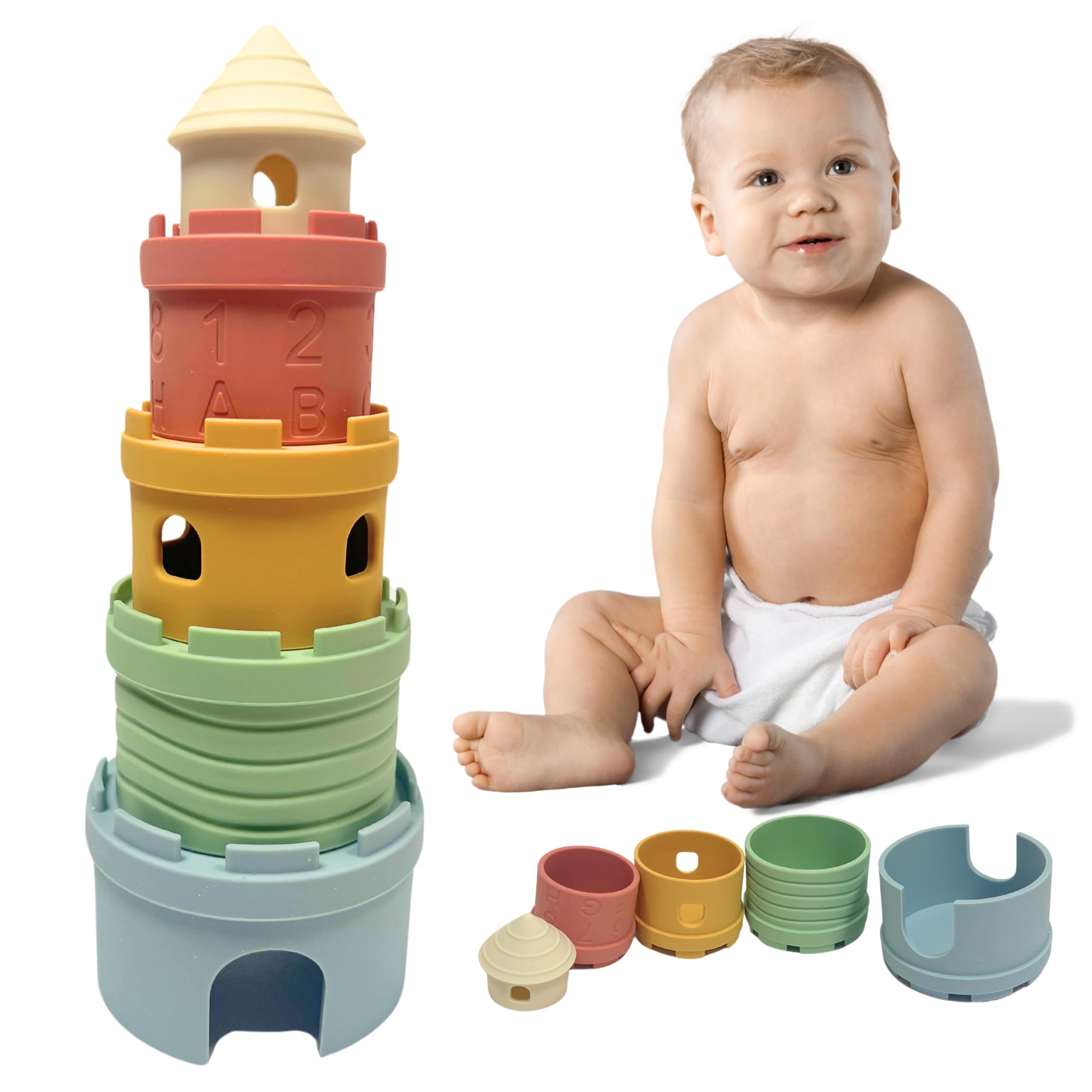 Maru Lifestyle Castle Stacking Tower & Nesting Cups Baby Toys - 5-Piece Silicone Teething & Bathing Set - Fun, Educational & Early Learning Gift for