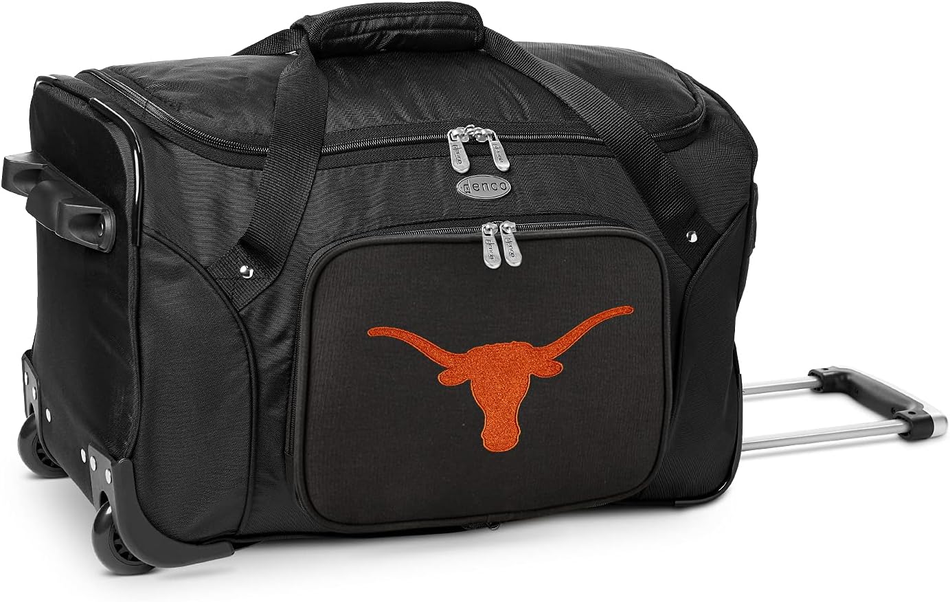 University of Texas Longhorns Lightweight 22-inch Wheeled Duffel Bag with Telescopic Handle - Perfect Overnight Bag for Travel, Weekend Getaways, Airports, Gym, and Commuting