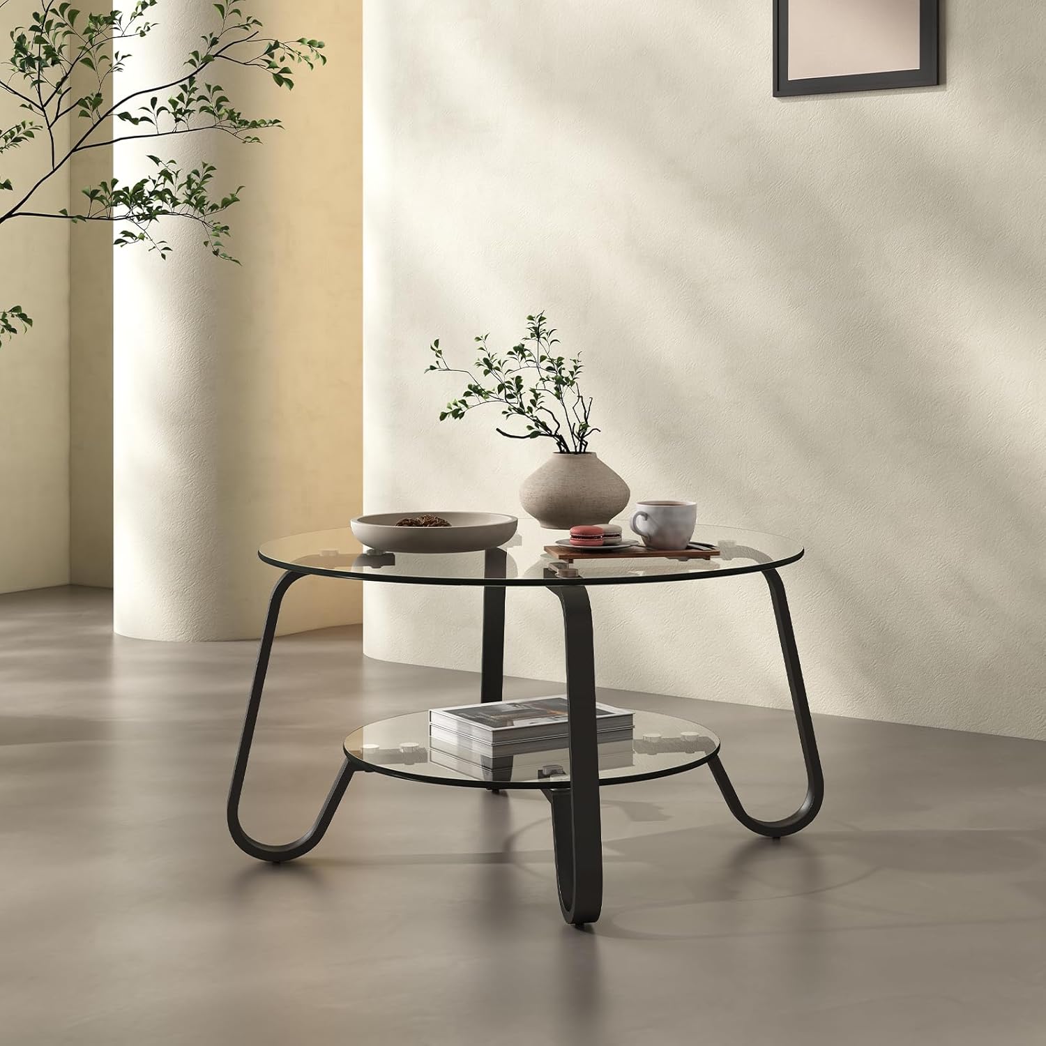 Round Coffee Table for Living Room, Gold Coffee Table with Tempered Glass & Metal Frame, Modern Glass Living Table for Home&Office (Black)