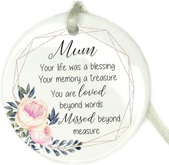 GuteGifts Personalised Floral Memorial Gift Ceramic Bauble Custom with Any Name Mum Grandma Nanny Bereavement Ornaments Plaque Christmas Tree Decor - Your life was a blessing memory treasure, White