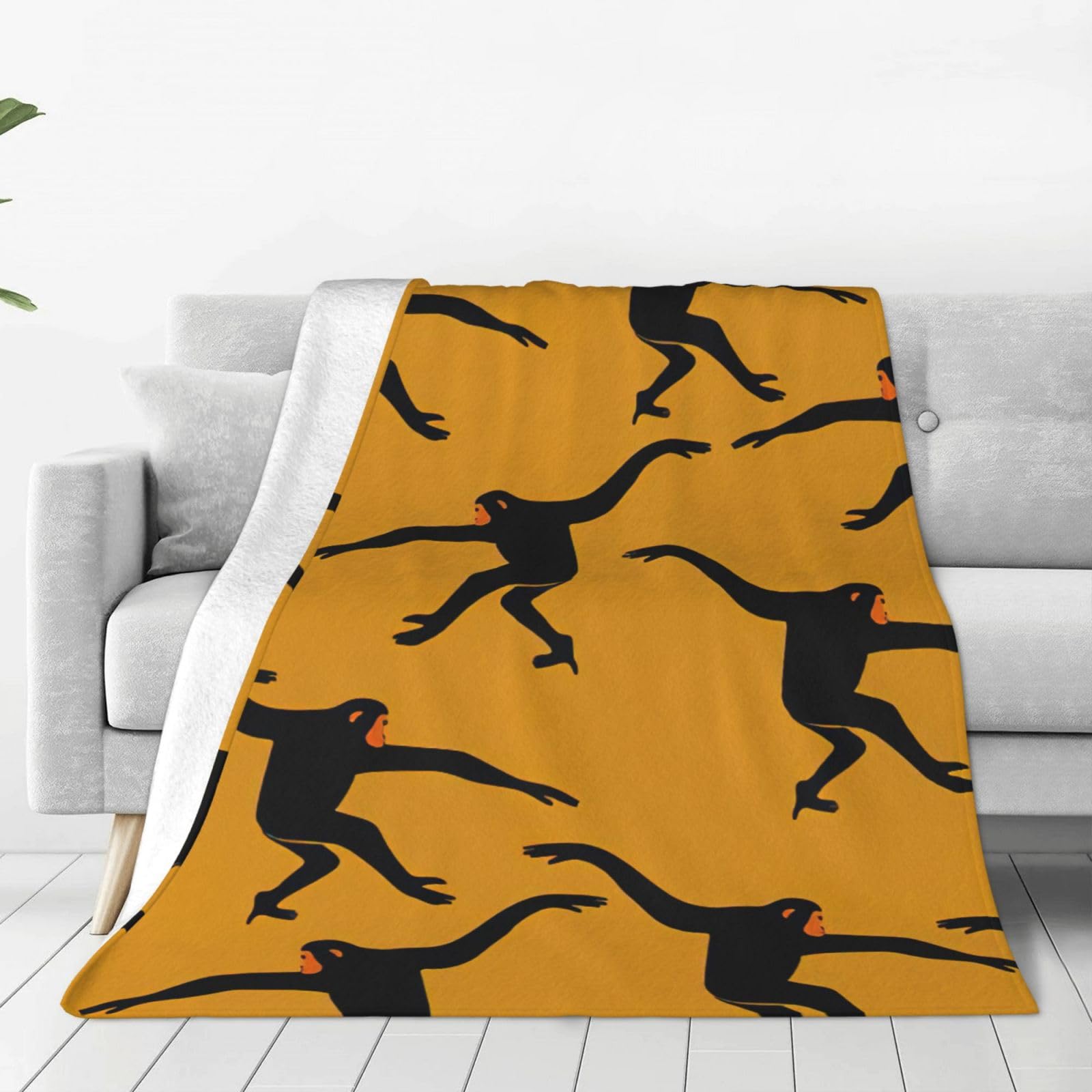 Couverture polaire douce Gibbon Noir plaid chaud imprimé pour lit et canapé