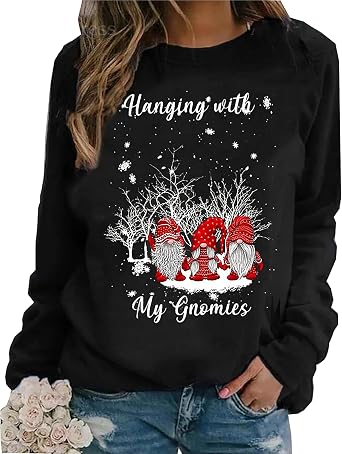 LLHXRUI Hanging With My Gnomies Sweatshirts Women Christmas Long Sleeve Pullover Shirts Funny Garden Gnome Graphic Tees Tops