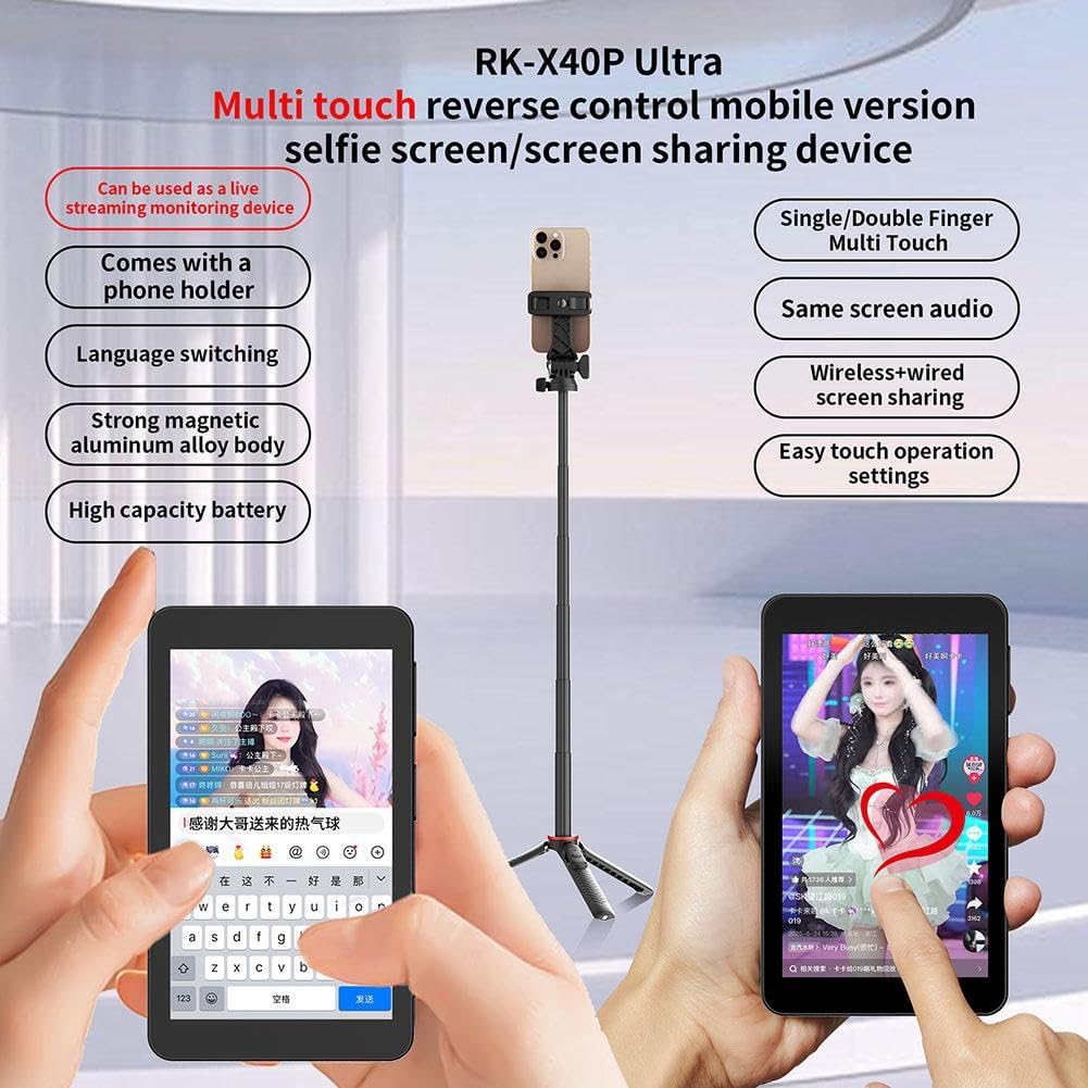 A person using the RK-X40P monitor attached to a smartphone on a selfie stick, demonstrating its use for live streaming or vlogging.