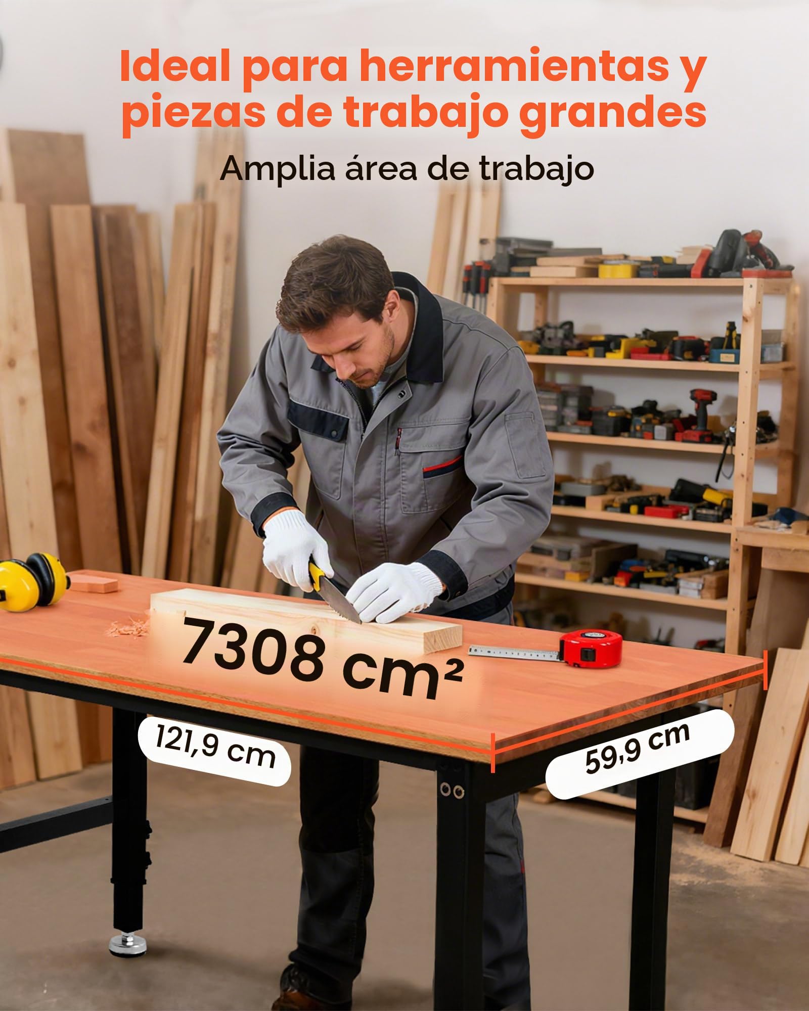 VEVOR Banco de Trabajo 122 x 60 cm, Mesa de Taller Altura Ajustable de 8 Niveles de 67-102 cm, Carga de 680 kg, Mesa de Madera Grosor del Tablero de 2 cm Marco de Metal para Oficina, Garaje, Hogar