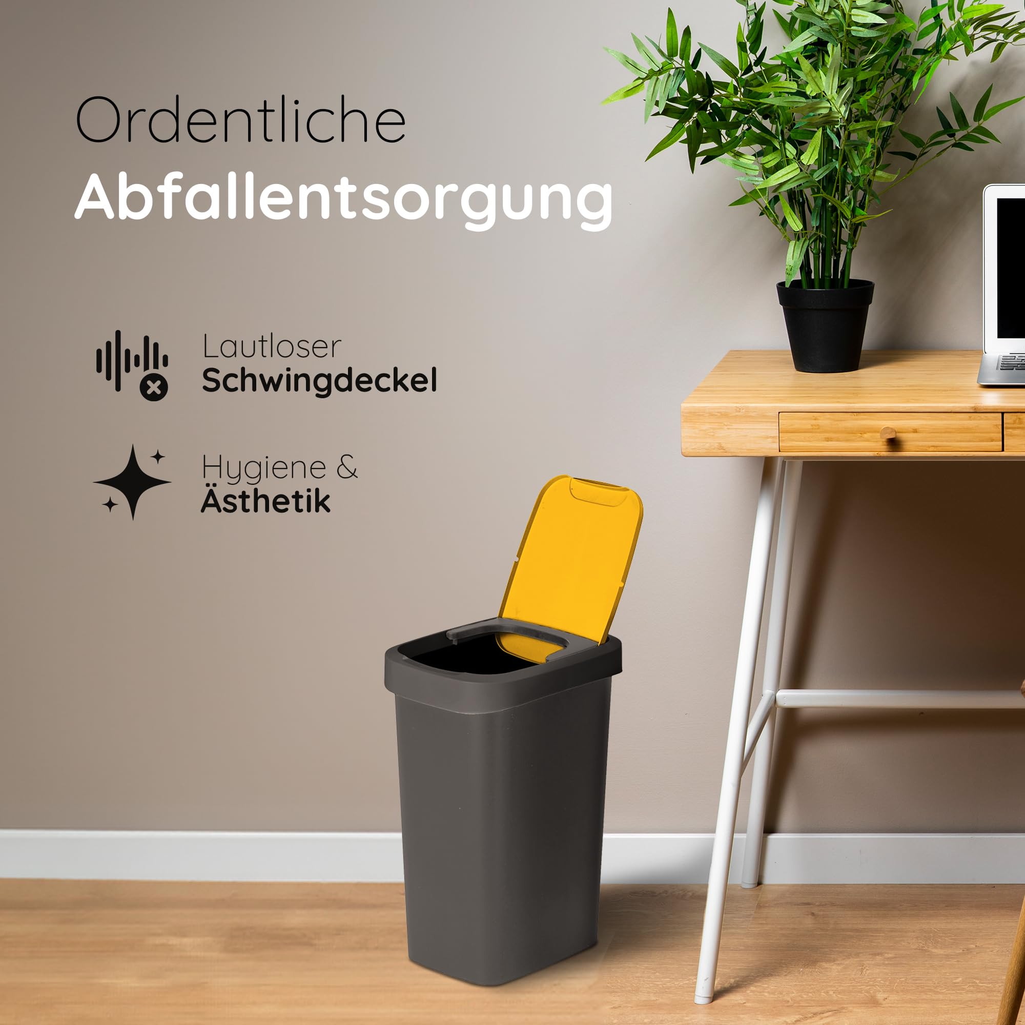 Novaliv Zestaw 3 koszy na śmieci 25 l z uchylną pokrywą, żółte, segregacja śmieci, do żółtego worka i opakowań, z recyklingu, system segregacji odpadów, do kuchni, gospodarstwa domowego, biura, wiadro