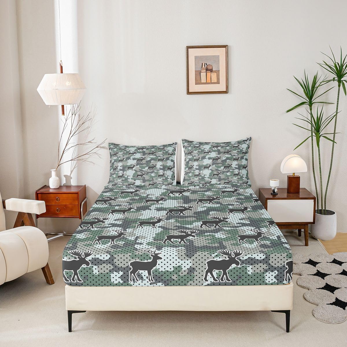 Erosebridal Camouflage Bed Sheets Full Deer Hunting Sheet Set, Farmhouse Wildlife Soft Lightweight Bedding Set, Wild Animal Rustic Fitted Sheet with Deep Pocket