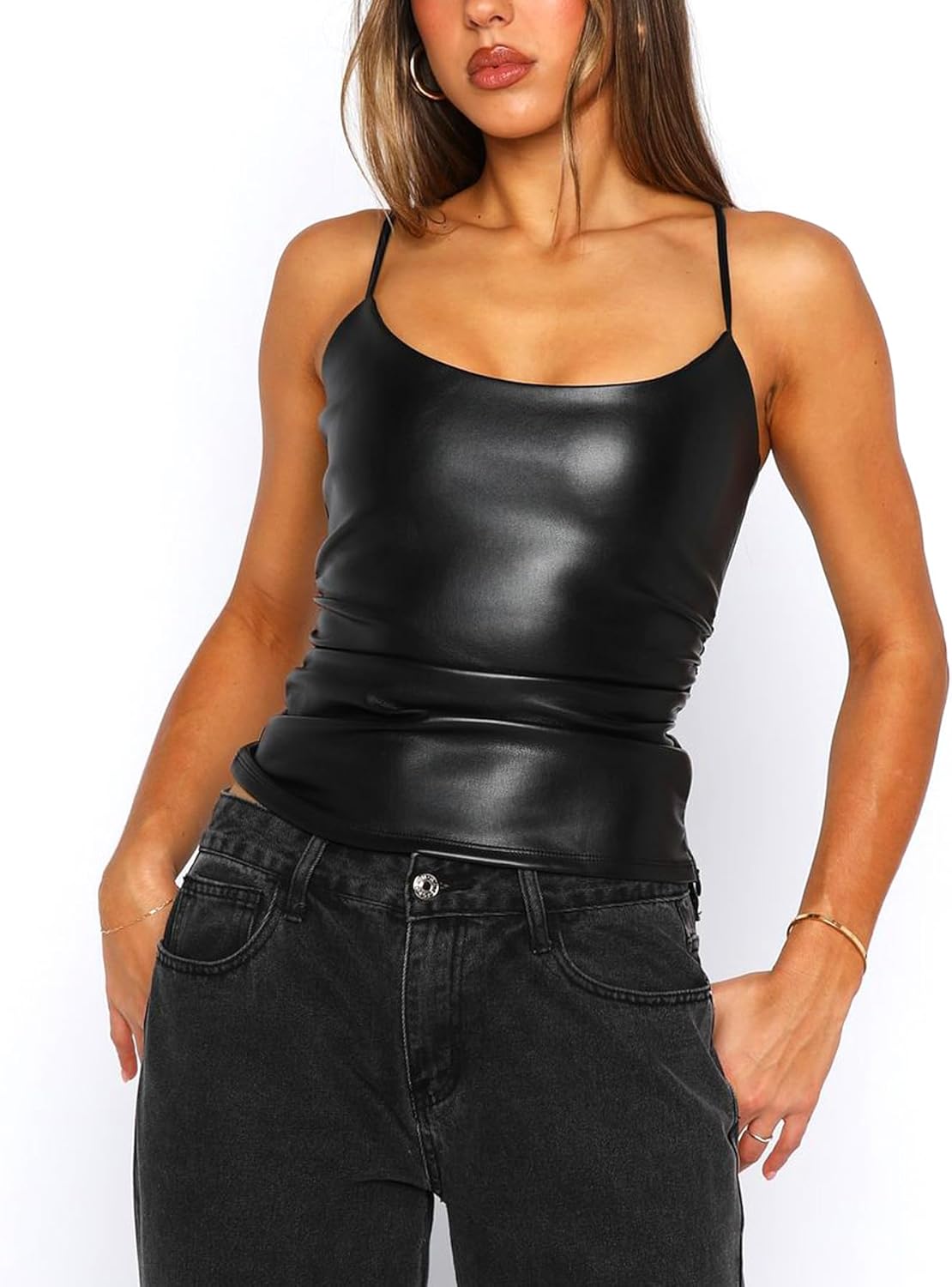 Women Leather Top Sexy Ruched Camisole Tank Tops Club Party Rave Y2k Going Out Tops - Image 2