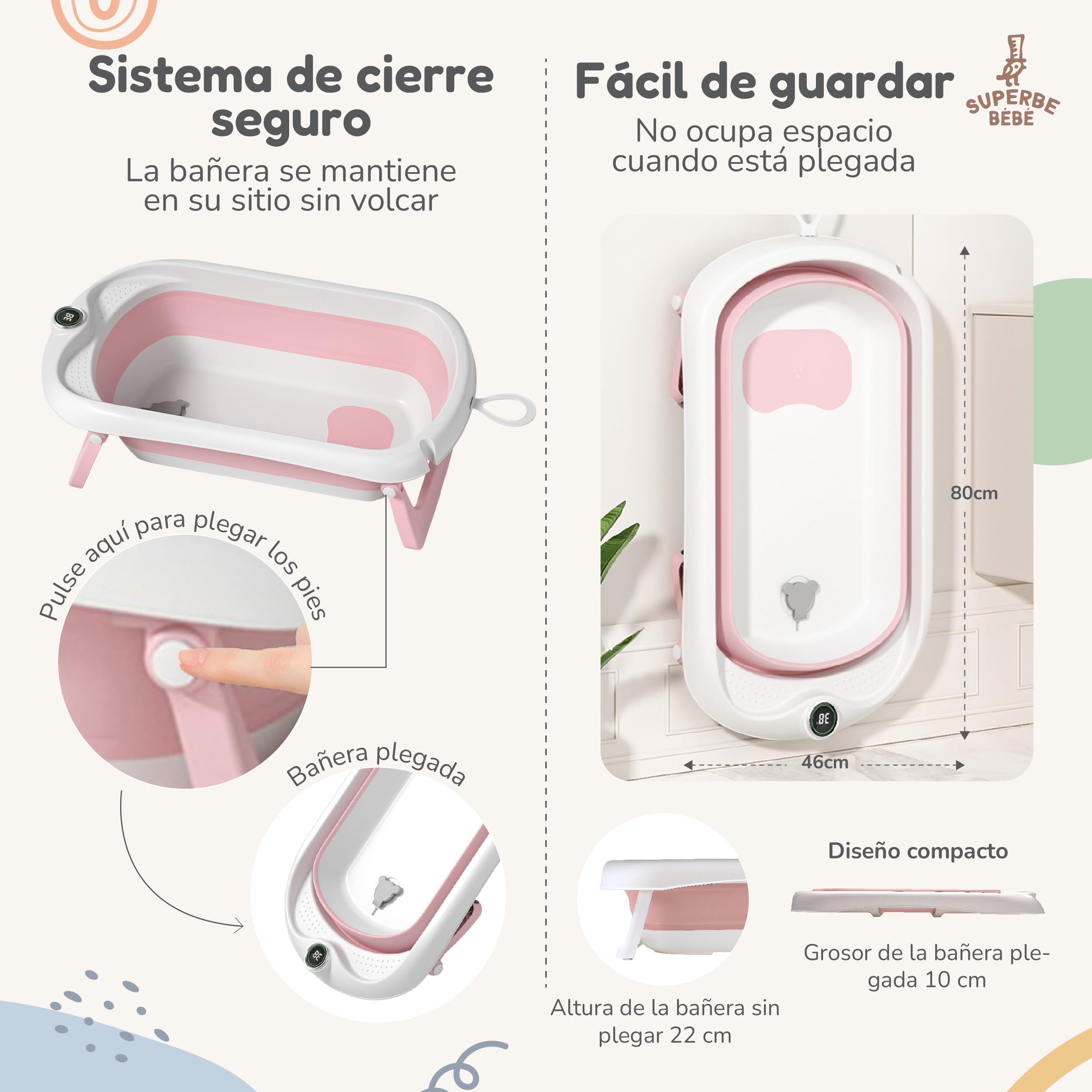 Bañera Plegable Bebé Con Asiento De Baño Antideslizante - bañera Bebe Plegable Con Termómetro - Asiento Bañera Bebe - Silla - Desde El Nacimiento Hasta Los 3 Años - Regalos De Nacimiento (ROSA)