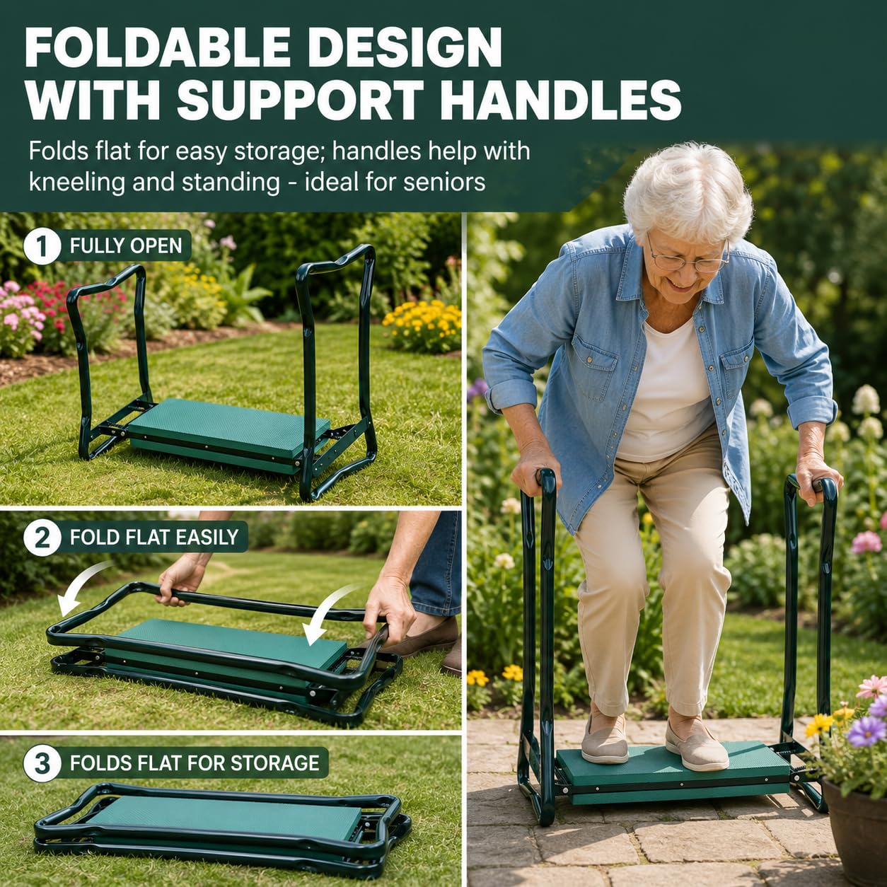 AufuN Repose-genoux 2 en 1 pour le jardinage - Avec coussin en mousse EVA rembourré - Pliable - Pour travailler autour de la maison et du jardin - Jusqu'à 150 kg - Avec 2 sacs de travail - 60 x 50 x