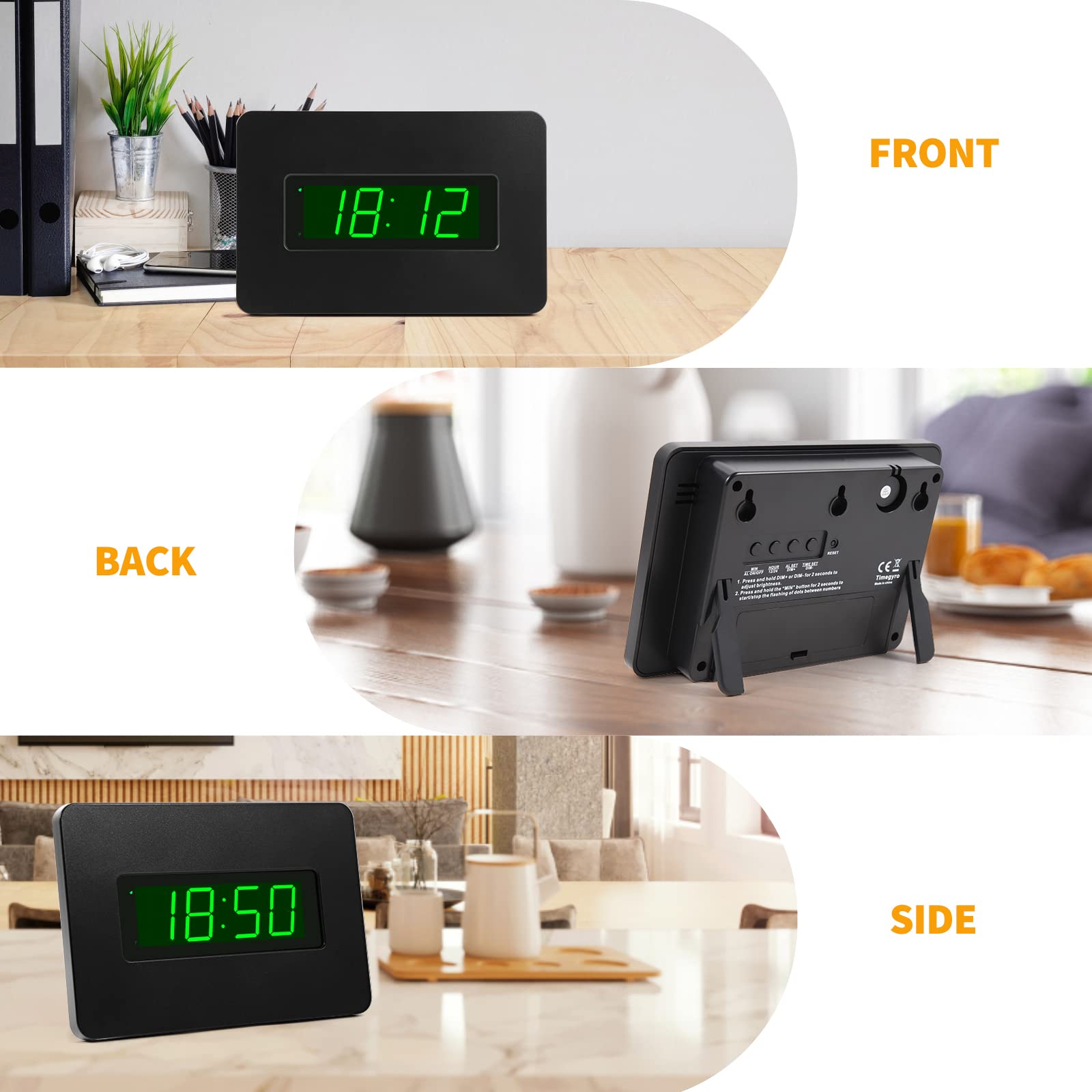Horloge murale numérique à piles avec écran LED, rétroéclairage, support de table, alarme, luminosité réglable, 12/24 heures