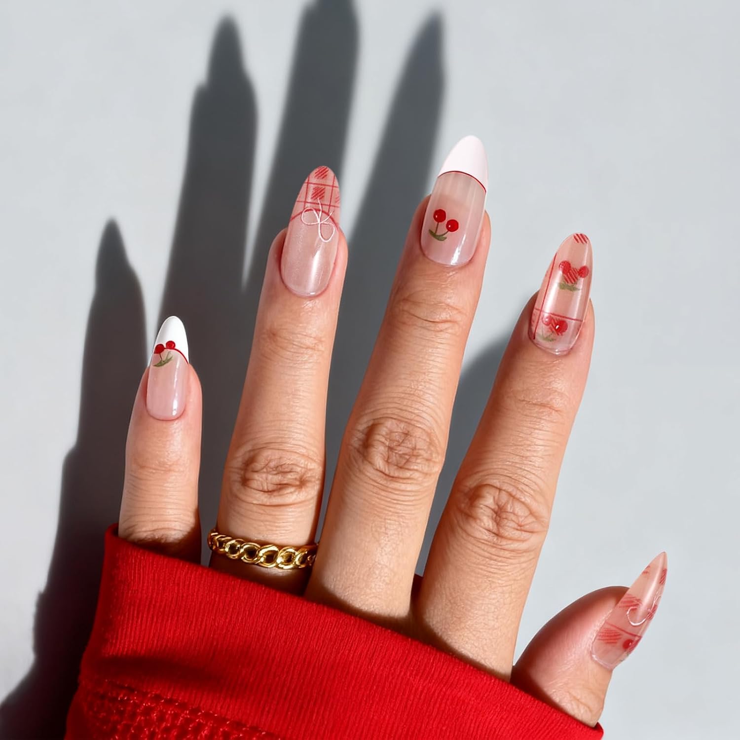 Christmas Press on Nails - Almond White French Tip Fake Nails Nude Pink Cat Eye False Nails with Cute Cherry Bow New Year Glossy Stick on Nail Full Cover Glue on Nail for Women Girls 12 Sizes - 24 Pcs