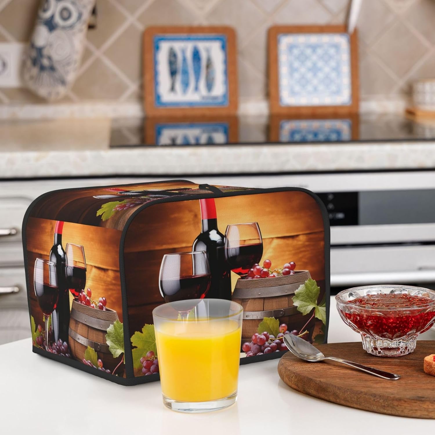 Red Wine Glass Grapes Theme 4 Slice Toaster Cover Wide Slot Dustproof Cap Bread Maker Fingerprint Bakeware Protection Kitchen Appliance Cover Toaster Bag