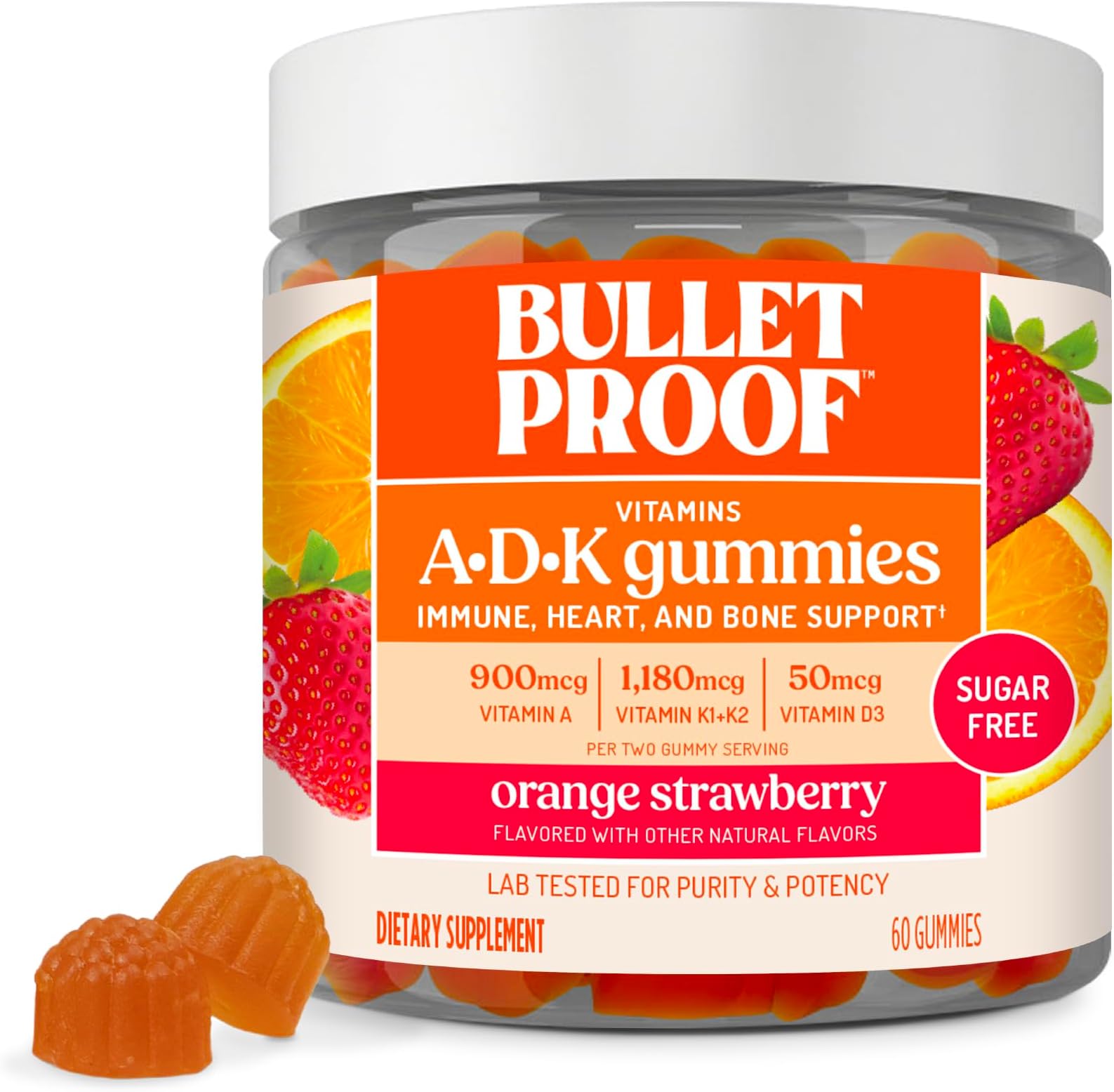 Sugar-Free Orange Strawberry Vitamins A+D+K Gummies, 60 Count, Keto Supplement for Heart, Bone and Immune Support