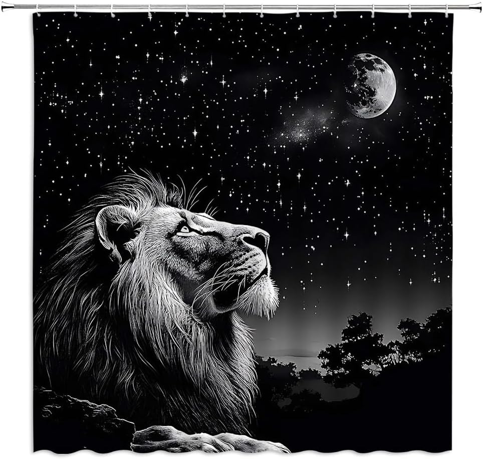 Black White Lion Shower Curtain African Wildlife Powerful Animal Fantasy Starry Sky Boys Teens Men Bathroom Decor Curtains Set with Hooks, 70" W x 86" H