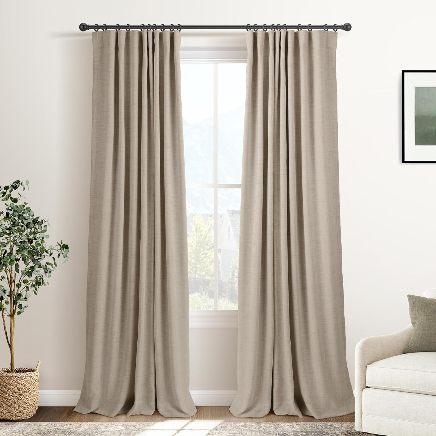 INOVADAY 100% Blackout Curtains for Bedroom, Black Out Curtains 84 Inch Long, Clip Rings Linen Blackout Drapes, Thermal Insulated Room Darkening for Living Room, 2 Panels - Earthy Beige,W50xL84 Earthy Beige 50"W x 84"L (Pack of 2)