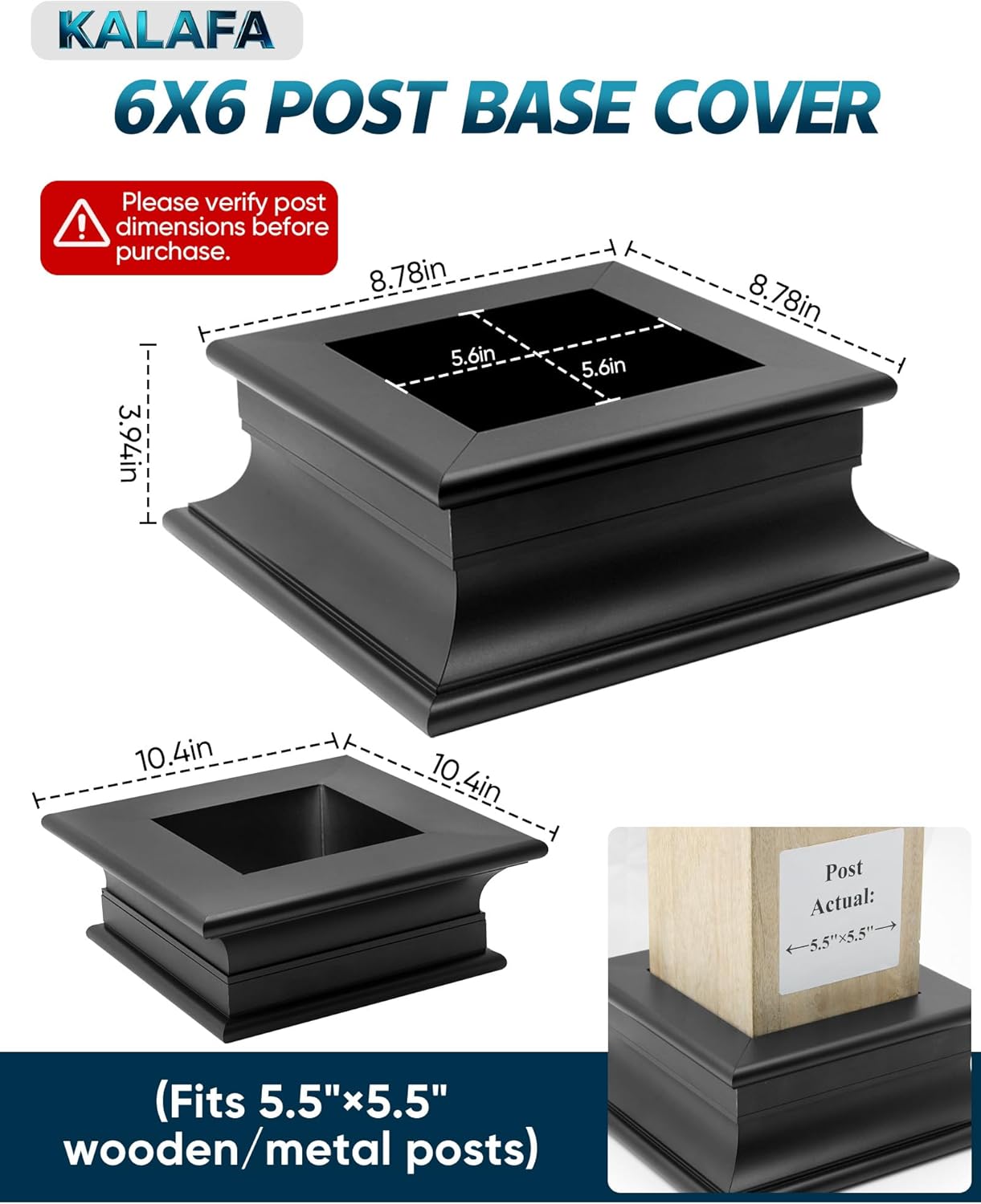 2-Pack Aluminum Post Base Cover - Split Large Post Protector Skirt for Deck, Porch, Mailbox, Patio, Fence and Railing | Weather-Resistant Widen & Tall Column Cap (Black 6×6)