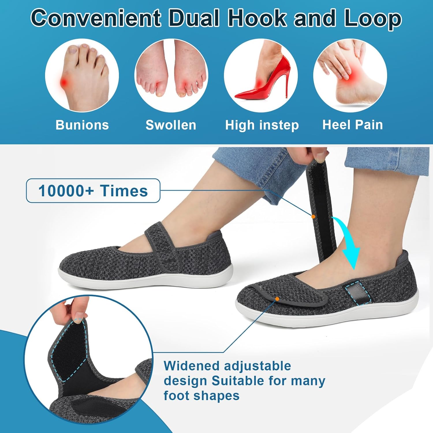 JOINFREE Womens Barefoot Walking Shoes Wide Diabetic Shoes Adjustable Mary Jane Shoes Flats Arthritis Edema Casual Shoes Breathable Slip on Sneakers Indoor Outdoor - Image 2