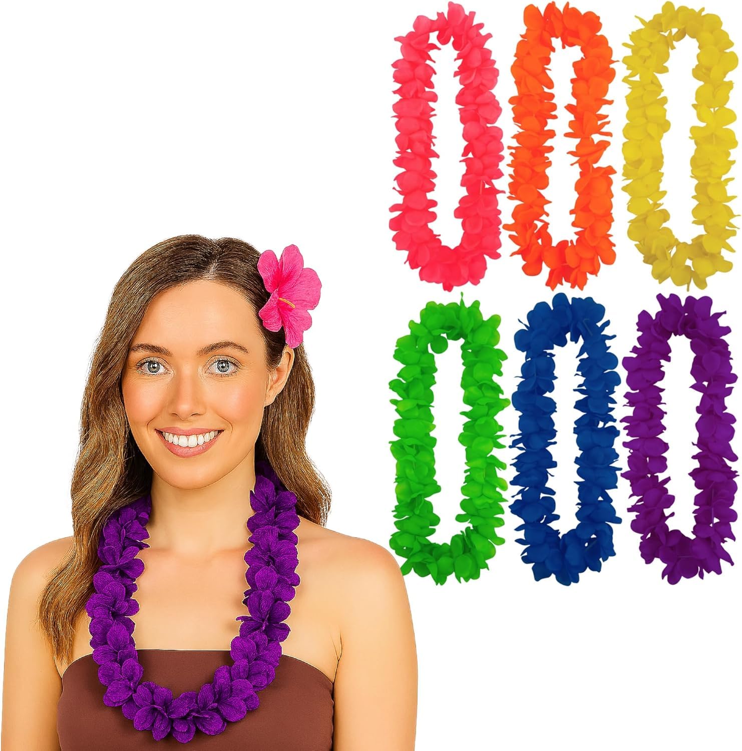 Lizzy 12 x Hula Lei Garland (100cm) Assorted Colours | Hawaiian Flower Garlands with 9cm Petals | Fancy Dress Accessory for Luau, Beach, Hen Party, Festival, Summer Costume or Decoration (12)
