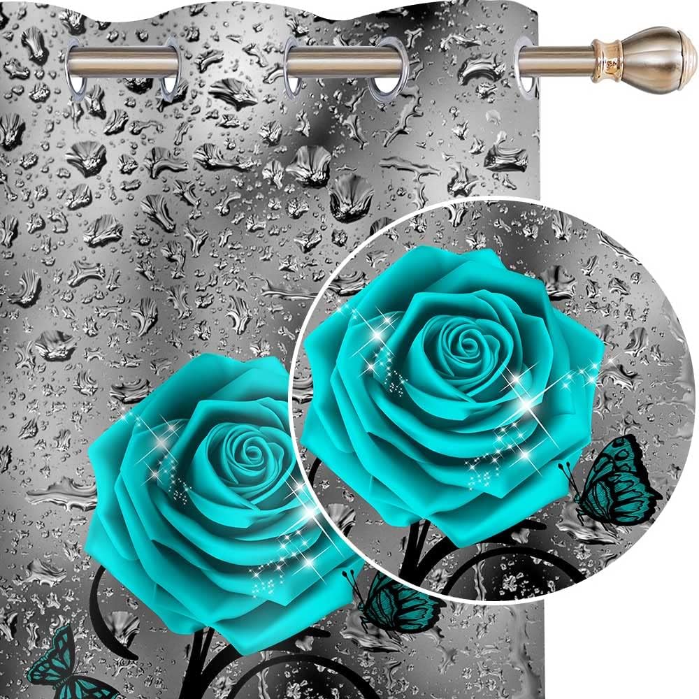 Teal Rose Curtains 84 inch Length Blue Floral Raindrops Turquoise Gray Art Blackout Curtains for Living Room Bedroom Thermal Insulated Drapes 42x84 Inches 2 Panels