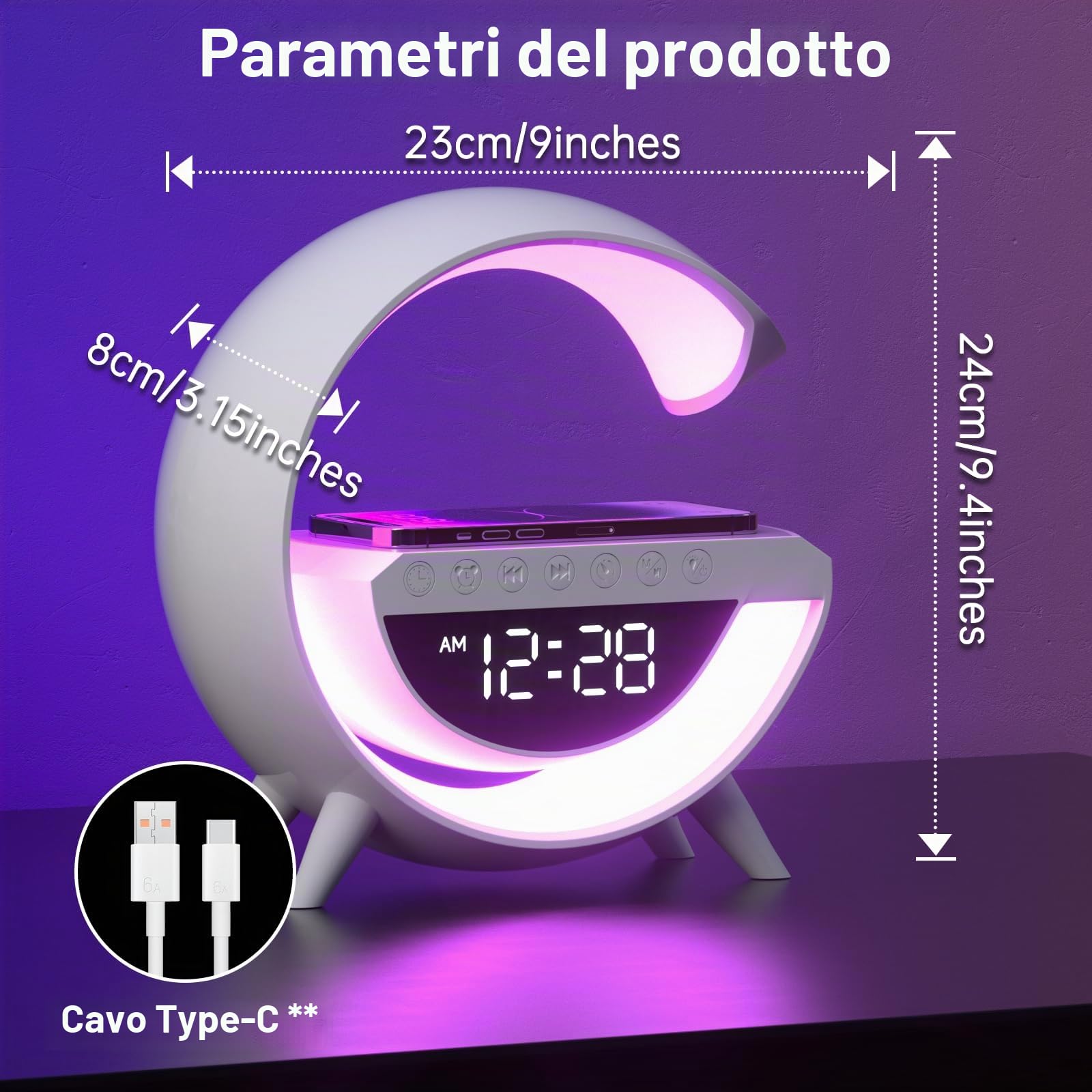 Suewidfay Caricabatterie wireless da 15 W Lampada a LED Sveglia Atmosfera Lampada da tavolo intelligente c… — immagine 3 di 9