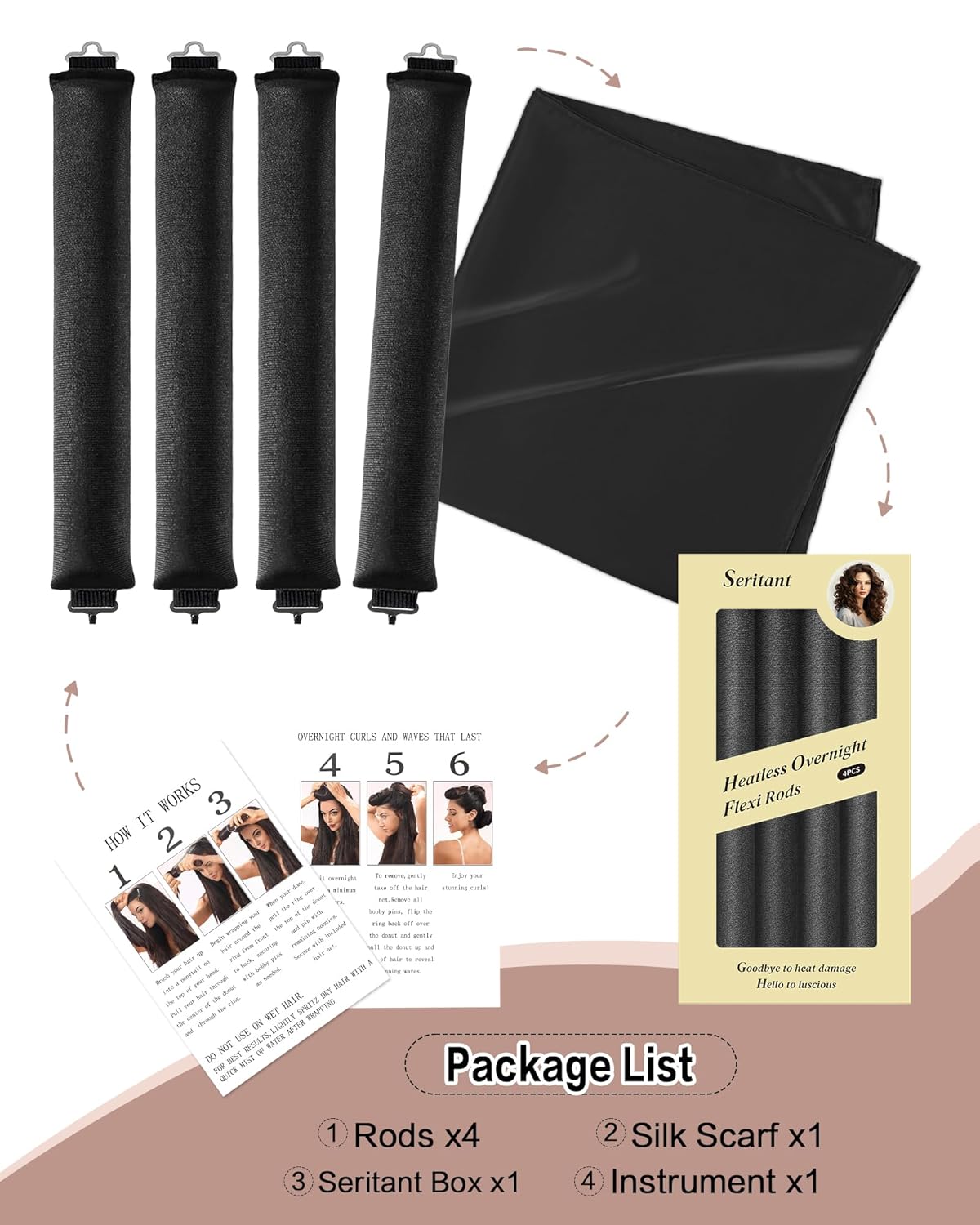 Heatless Curls Overnight Hair Curler - 4 Pcs Curling Rod to Sleep In, Velvet Hair Rollers with Satin Hair Scarf Black