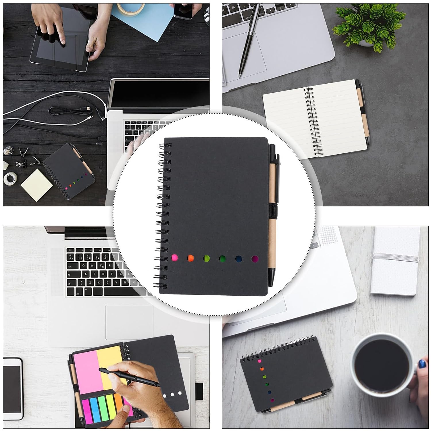 COOPHYA Spiral Notebook with Adhesive Notes Set, Black Pu Cover, Student Planning Notepad with Sticky Labels, Office Memo Pad for School and Work Organization