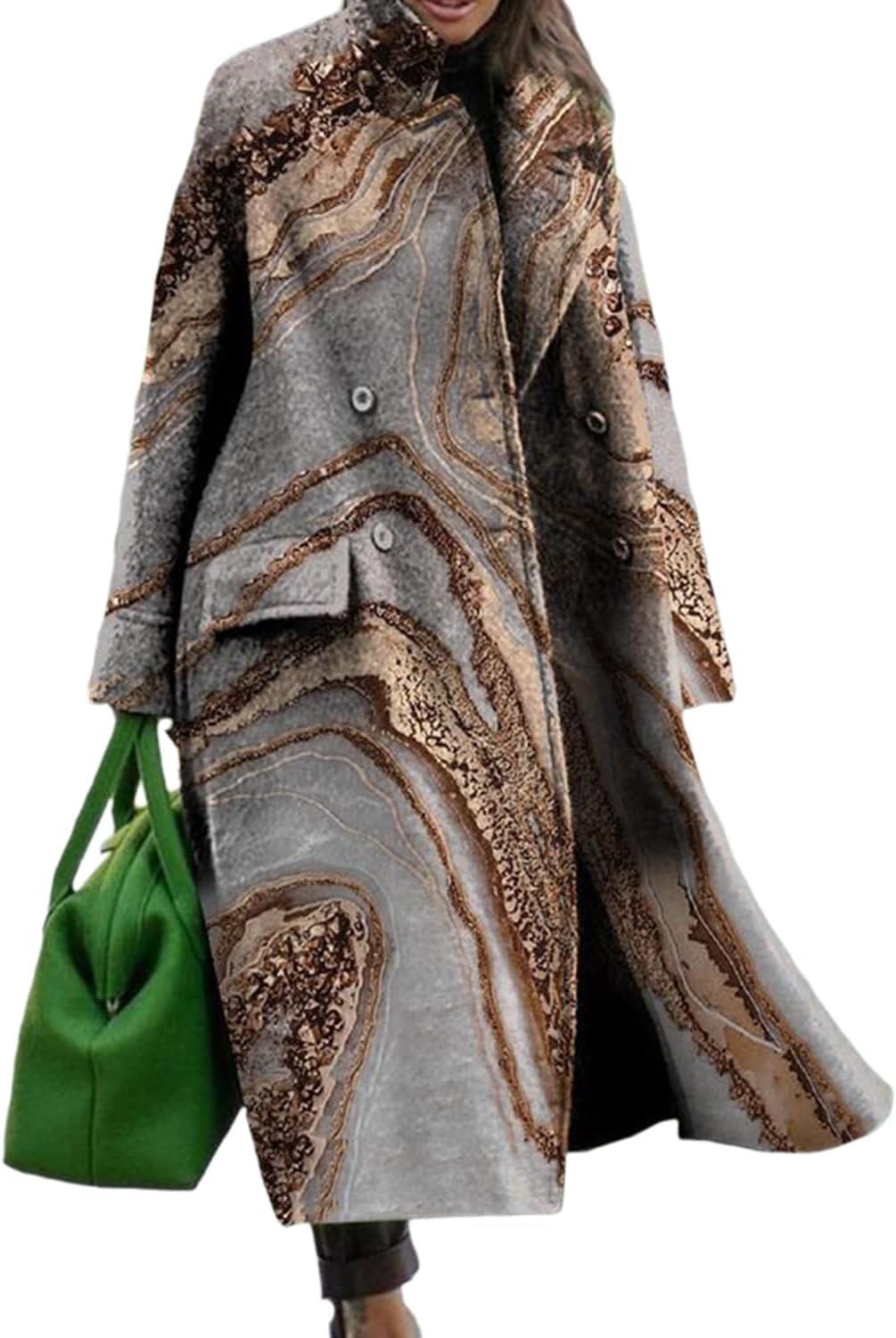 Women Notched Lapel Neck Button Down Geometric Faux Wool Blend Maxi Trench Coat Double Breasted Long Pea Coat