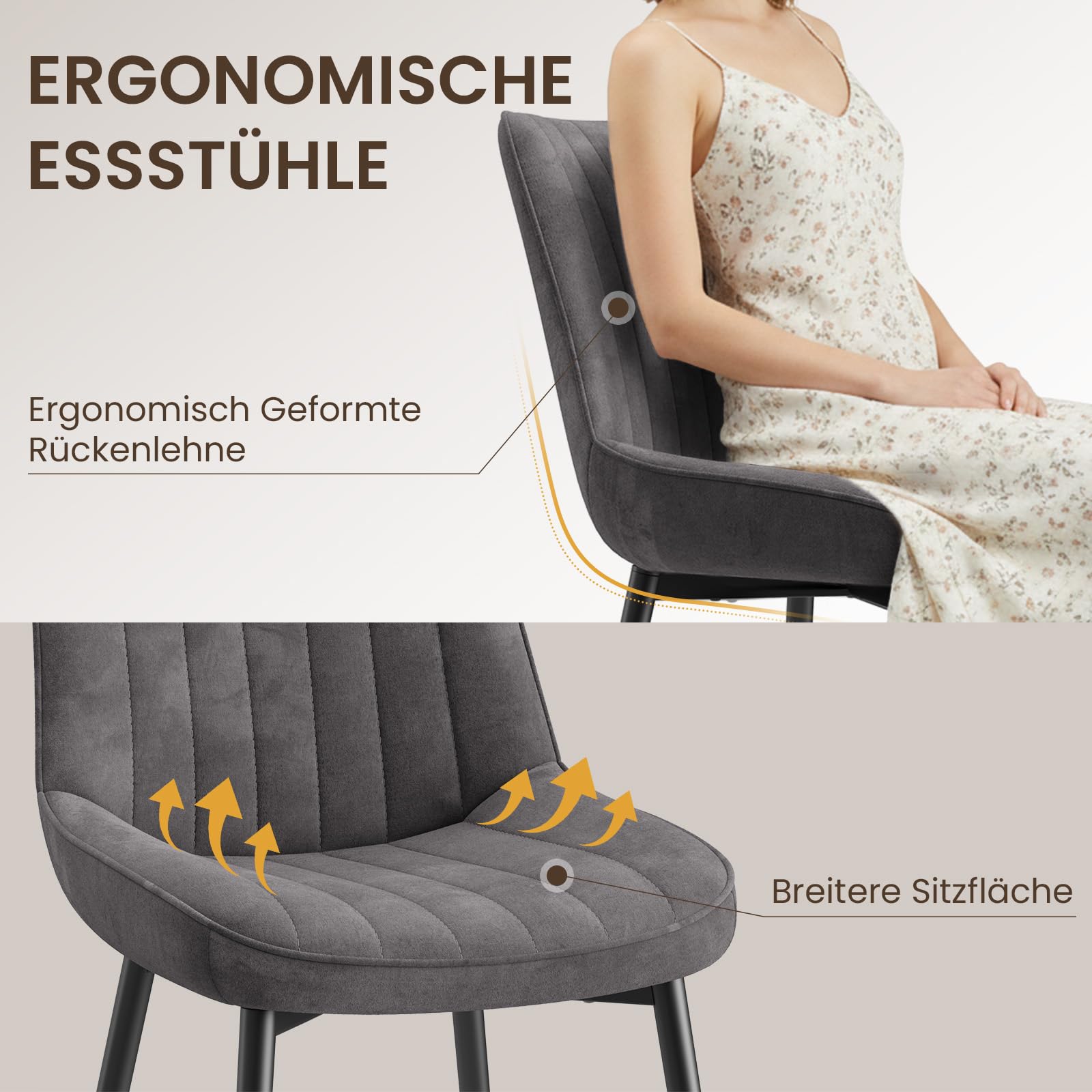 COLAMY Samt Esszimmerstühle 4er Set – Gepolsterte Stühle für Esszimmer & Küche mit Metallbeinen, Dickem Sitzpolster & Rutschfesten Füßen, Grau