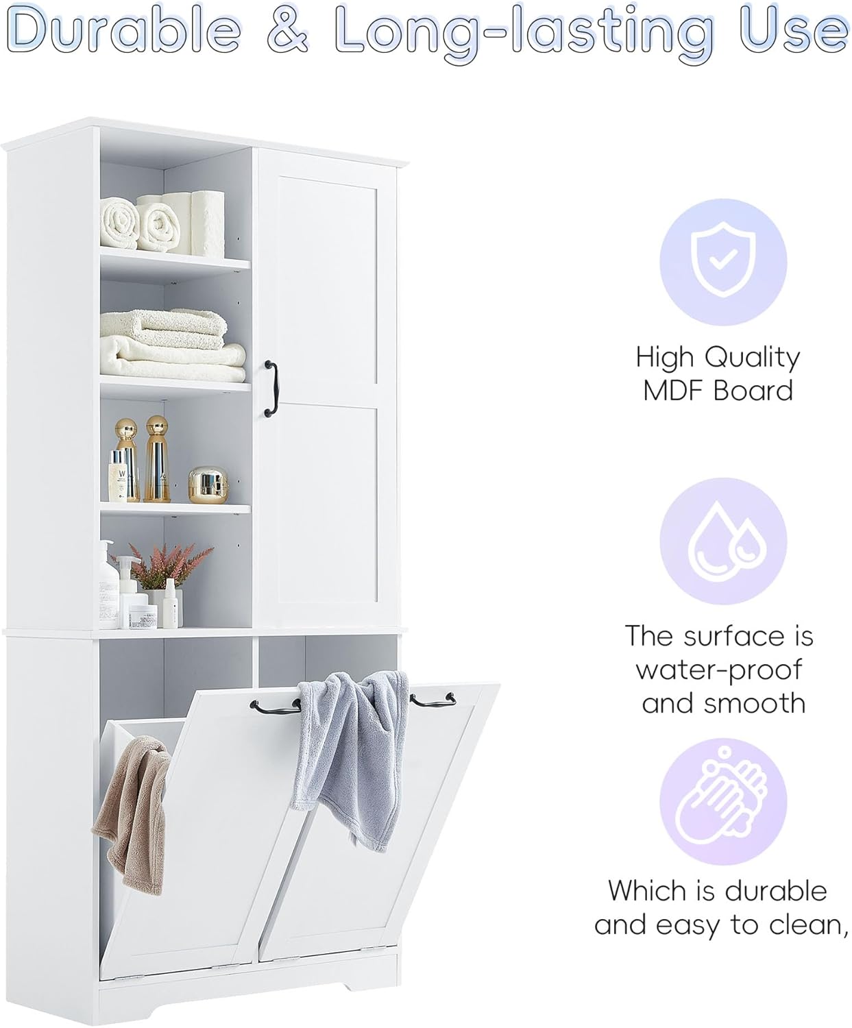 Merax Cabinet with Tilt-Out Laundry Hamper Basket, Tall Bathroom Storage Organizer Linen with Open Shelf for Home, Freestanding, White