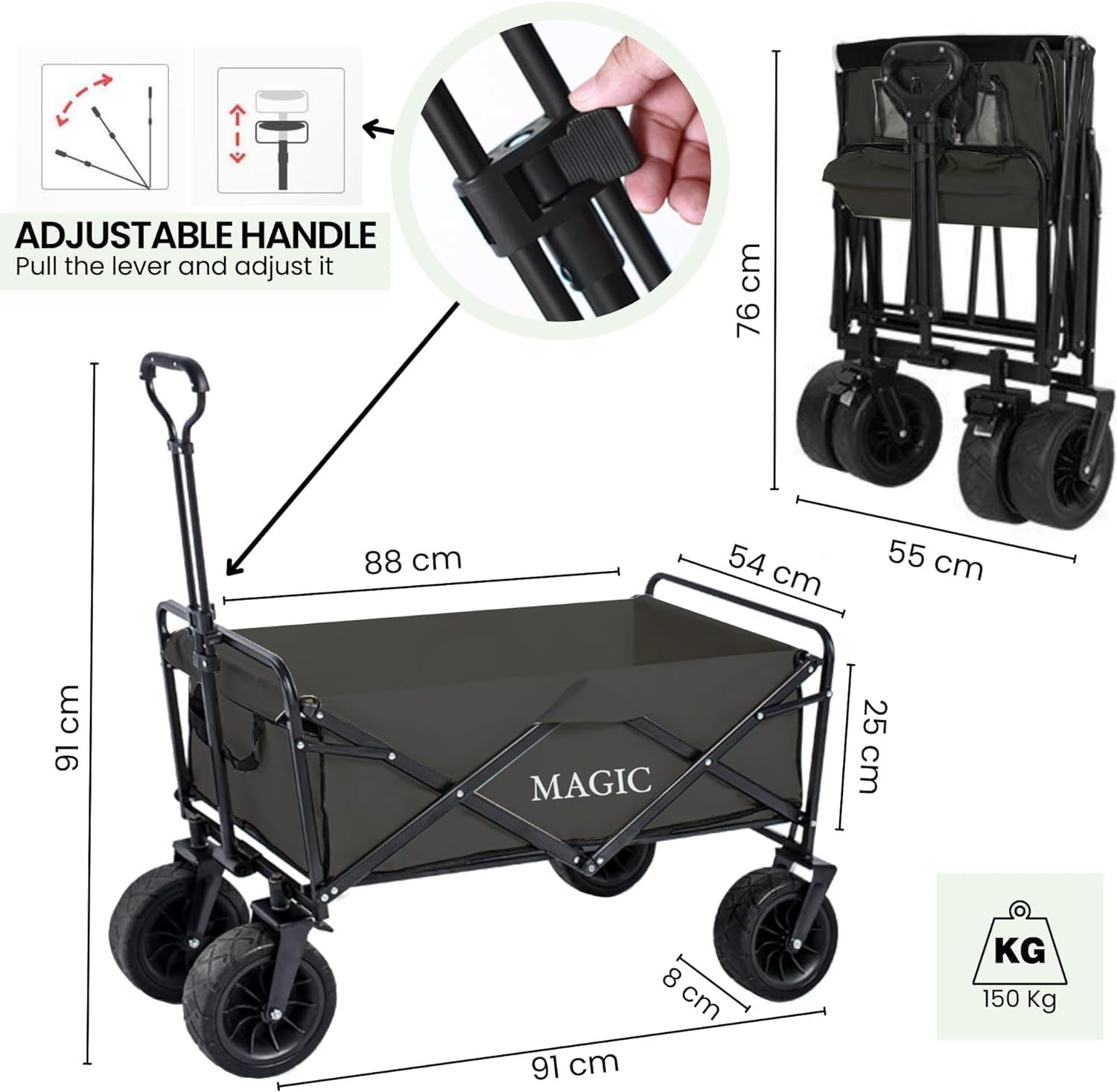 Carro de Playa Plegable para Camping, Picnic, etc. Carrito de Mano para Jardín. Carreta de Transporte con Bolsa y Mango Ajustable. Carretilla con Ruedas Grandes con Freno Resistentes.